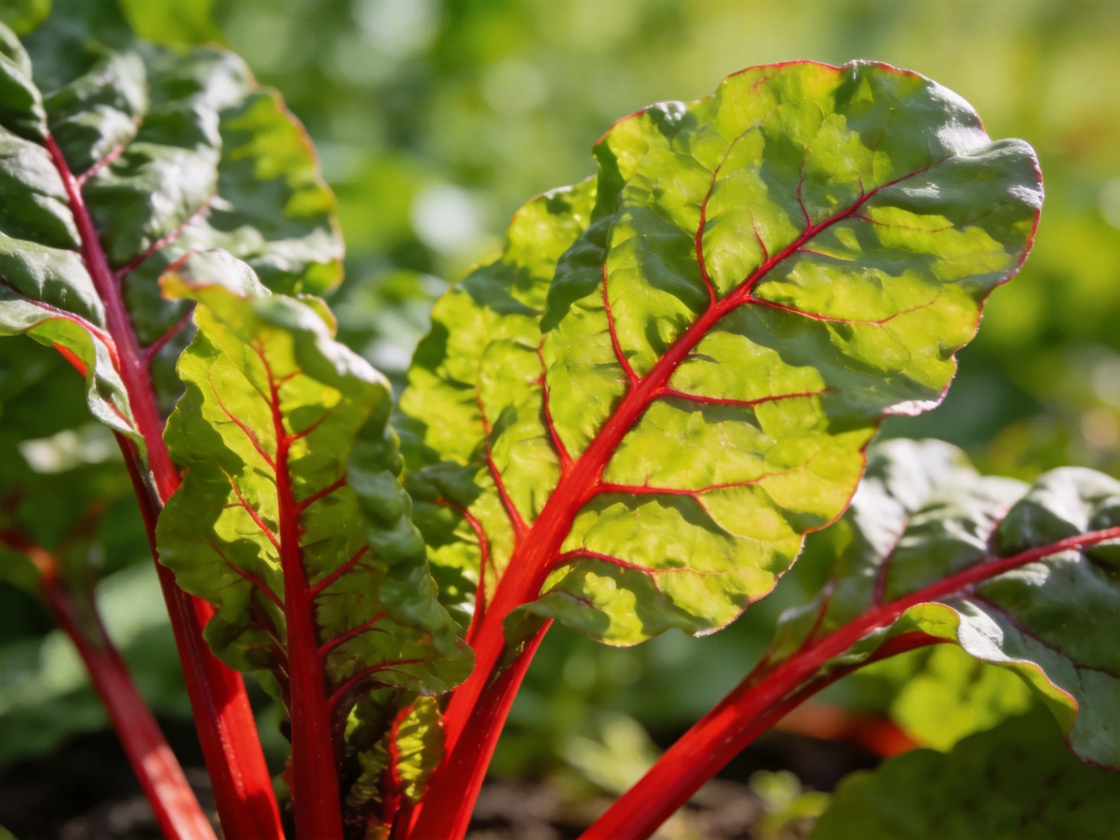 Bright red-stemmed leafy plants with wavy, variegated green-yellow leaves
