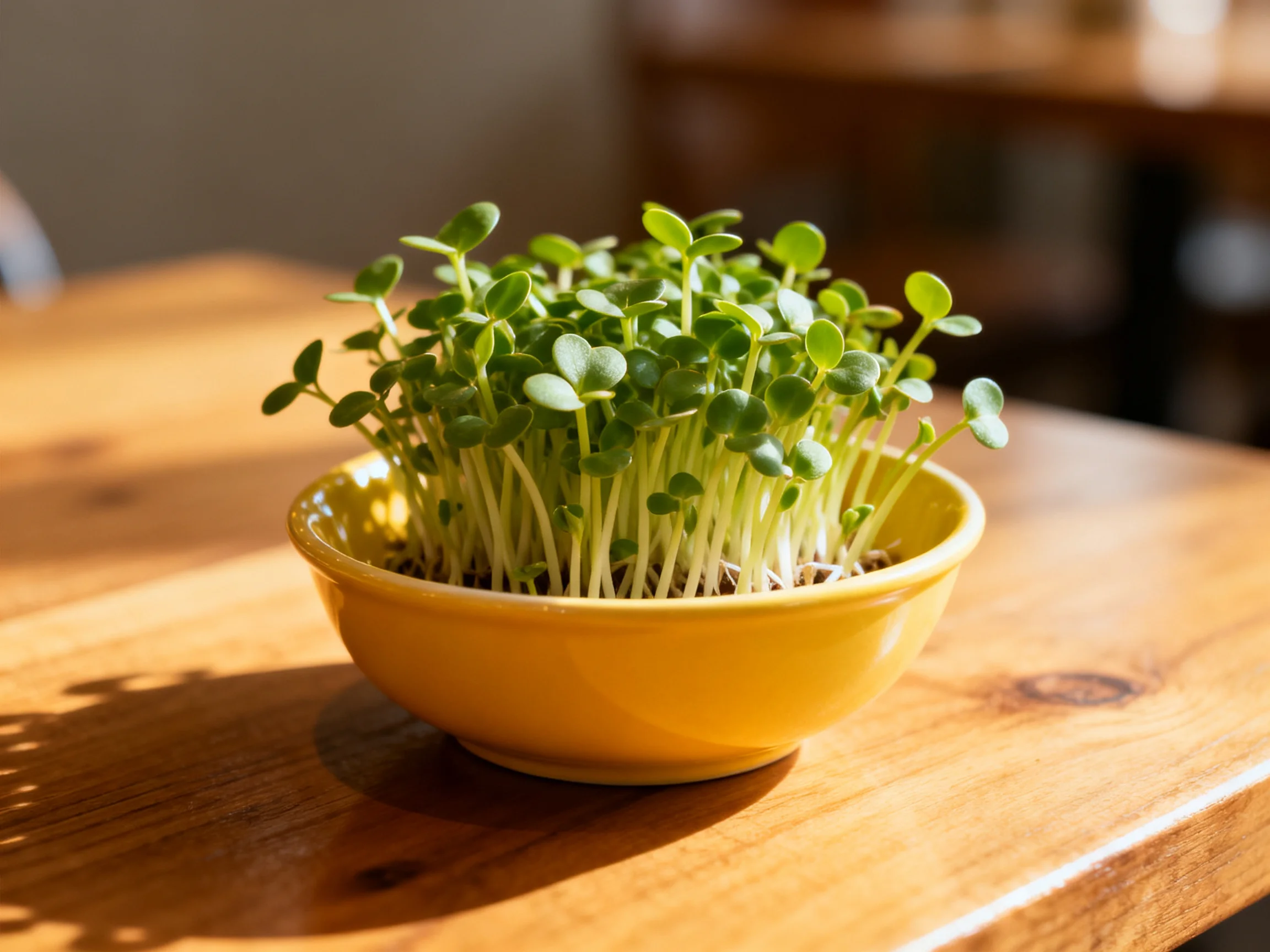 Bright yellow bowl holds lush green sprouts on a polished wooden table