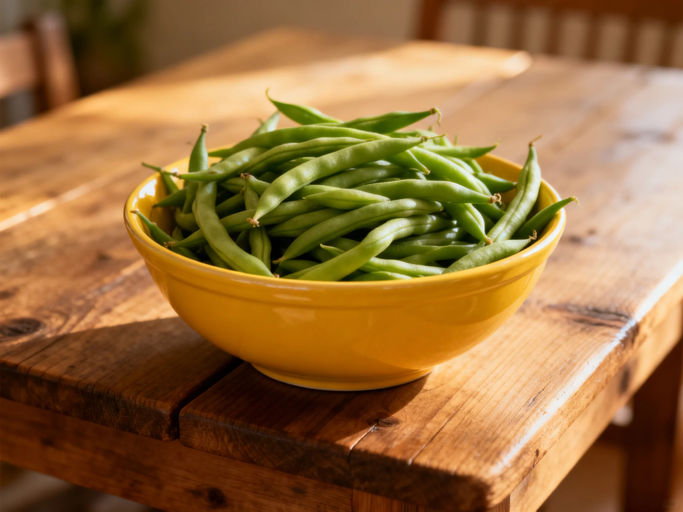 Bright yellow bowl overflow with fresh green beans on rustic wooden table
