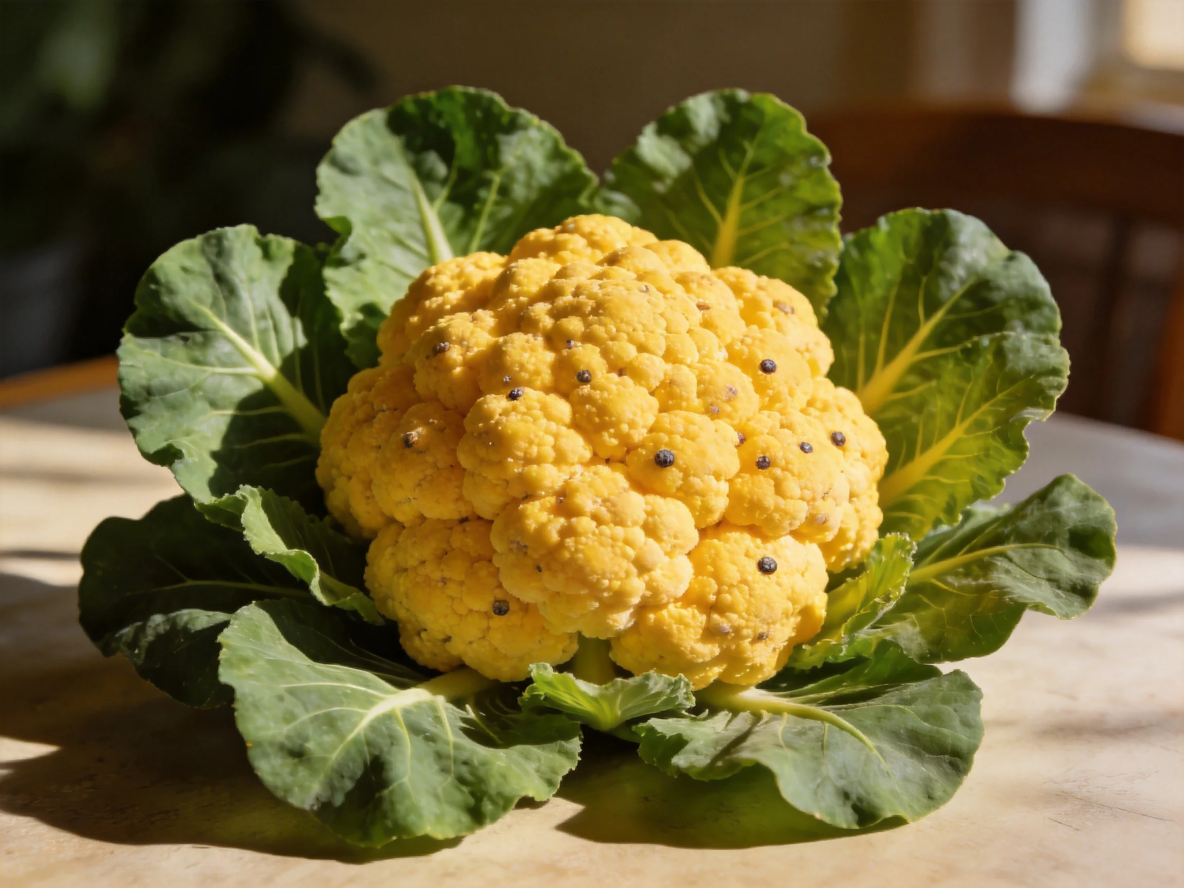 Bright yellow cauliflower with large green leaves on a table