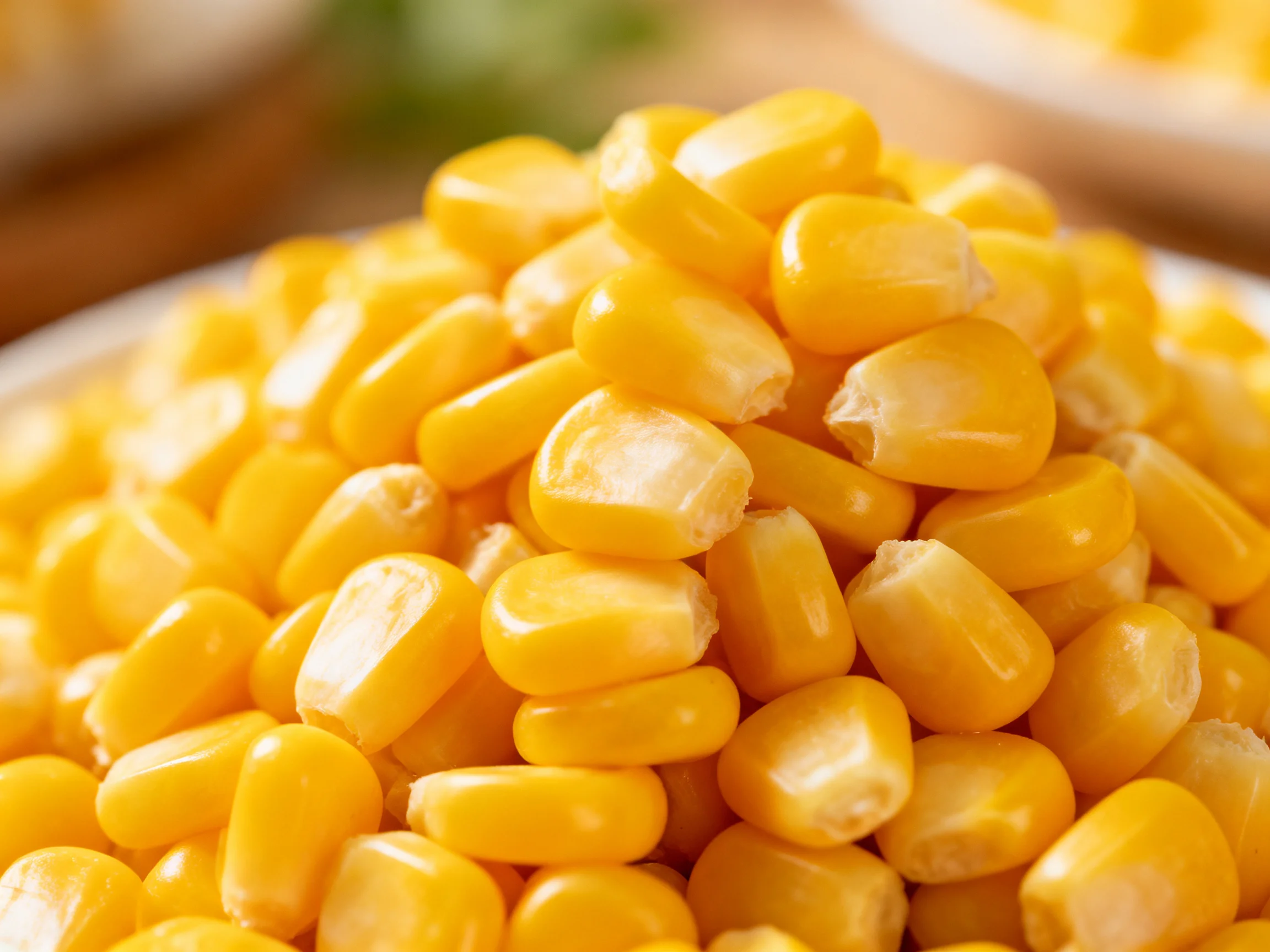 Bright yellow corn kernels piled in a white dish