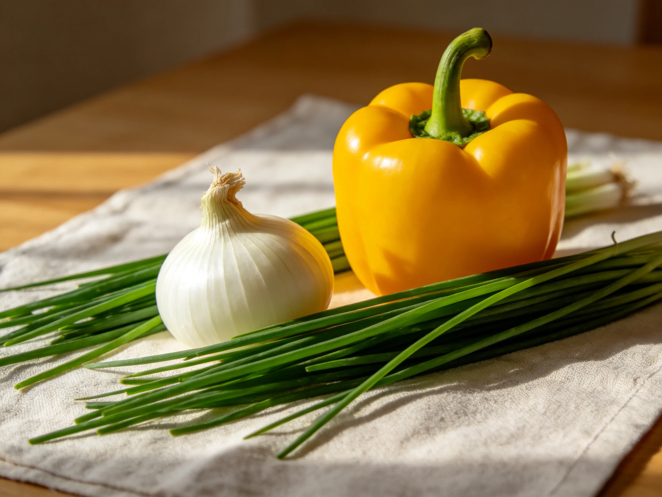 Fresh vegetables—including a yellow pepper, onion, and chives—are arranged on a cloth.