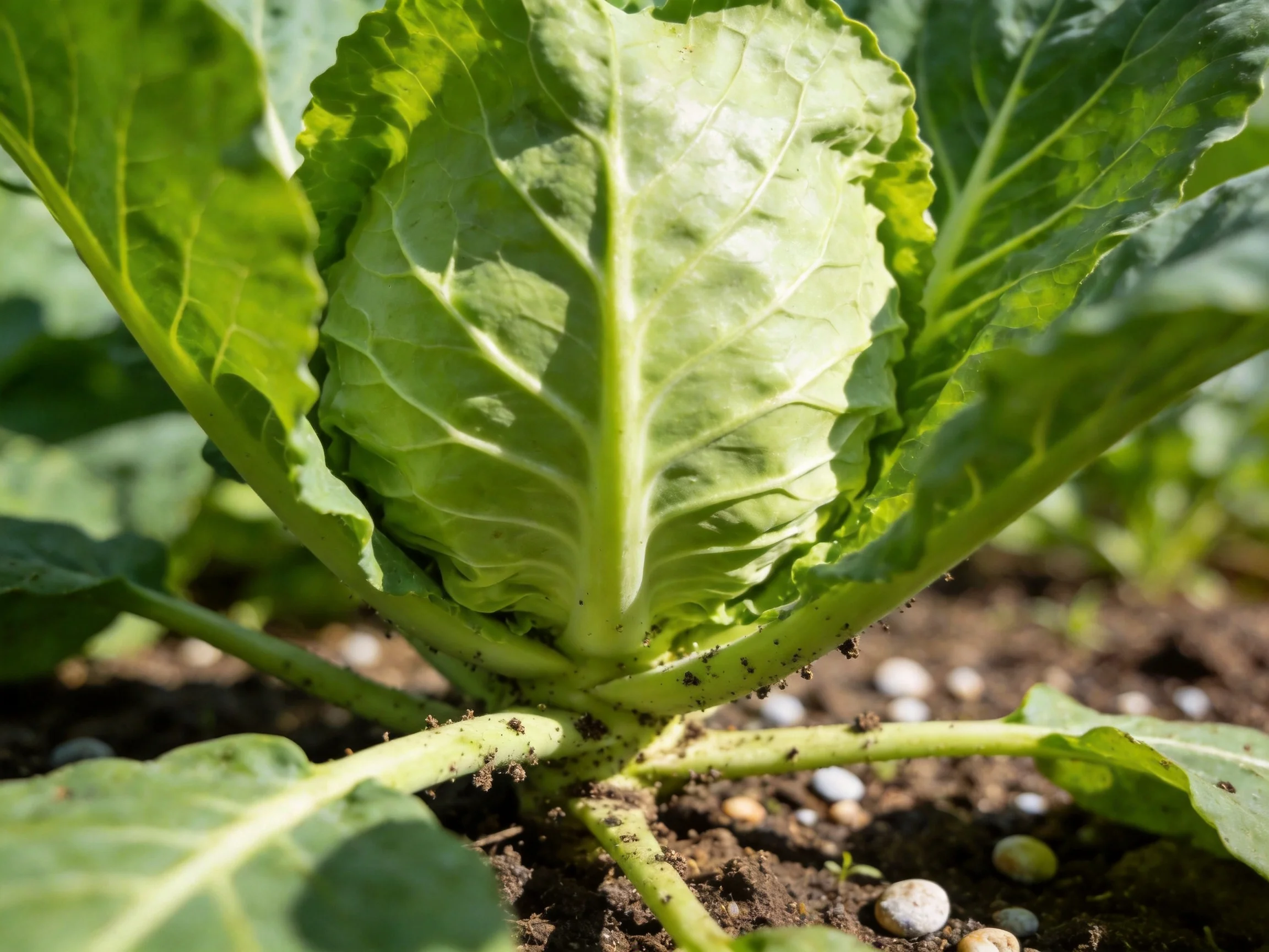 Broad green leafy vegetable plant with central head in soil among pebbles