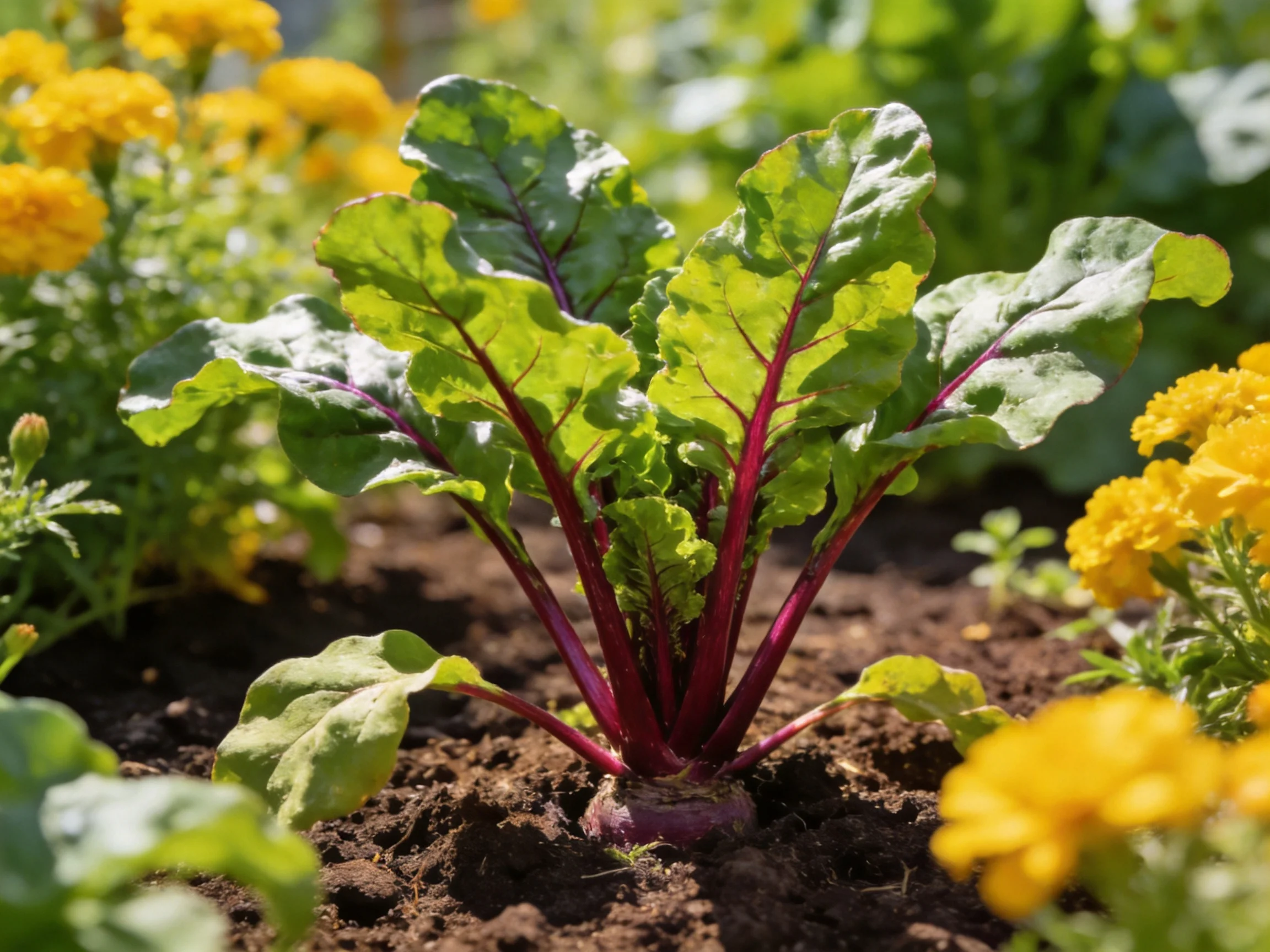 Broad-leaved beet plant with purple stems near bright yellow marigolds in sunlit garden