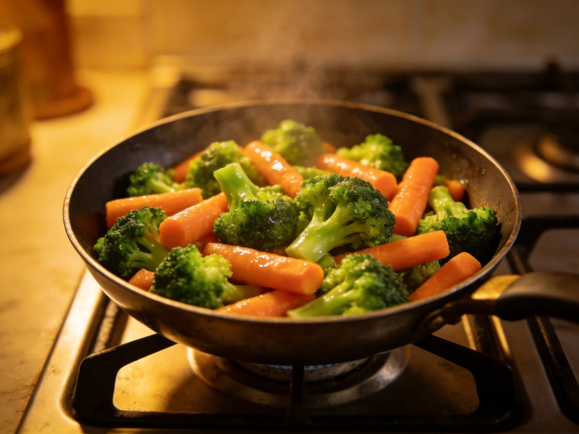 Broccoli and carrot medley steaming in a black wok on stove