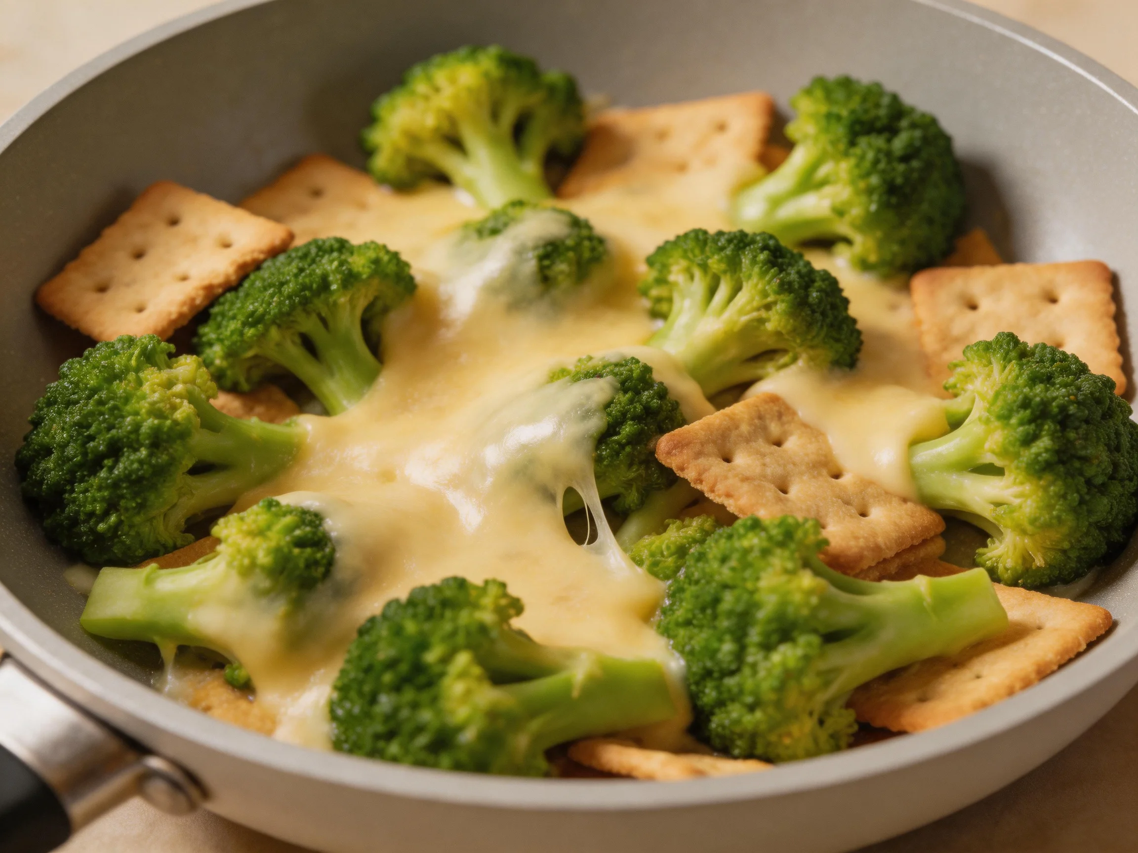 Broccoli, crackers, and melted cheese in a skillet