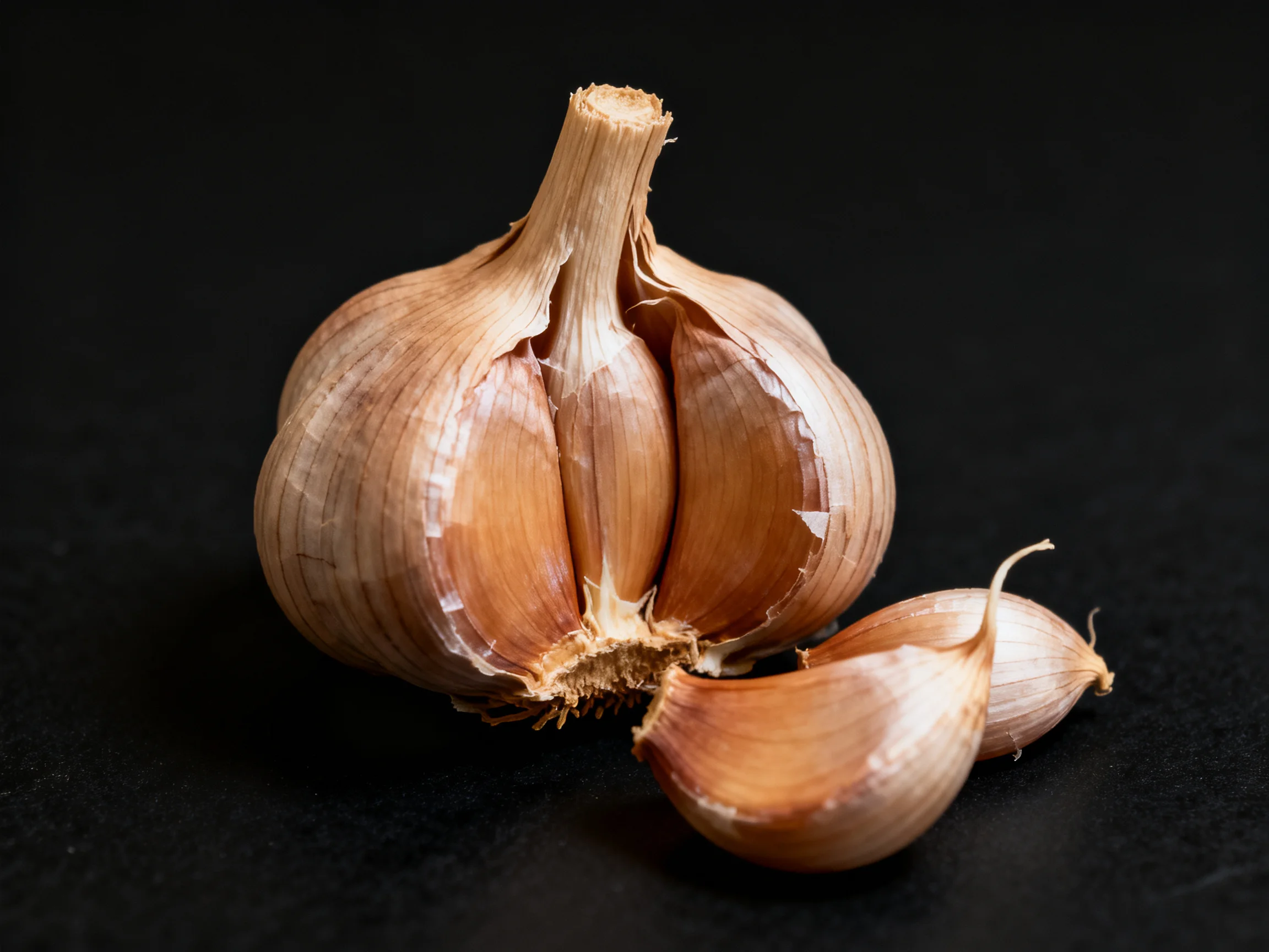 Brown garlic bulb with separated cloves on black background