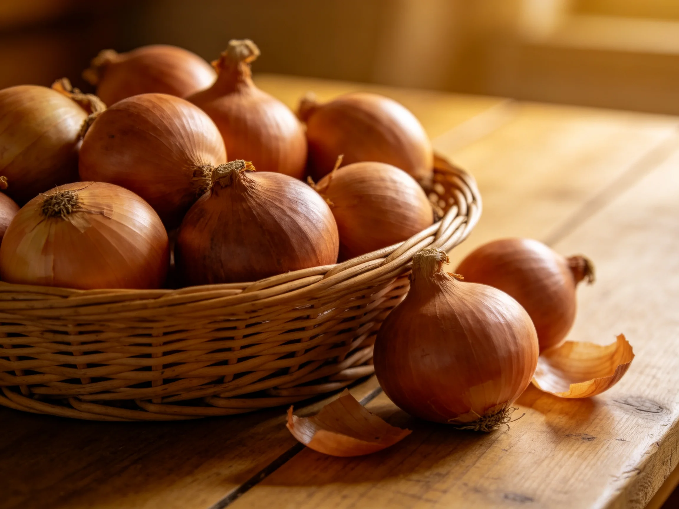 Brown onions in a wicker basket with some nearby on a wooden table