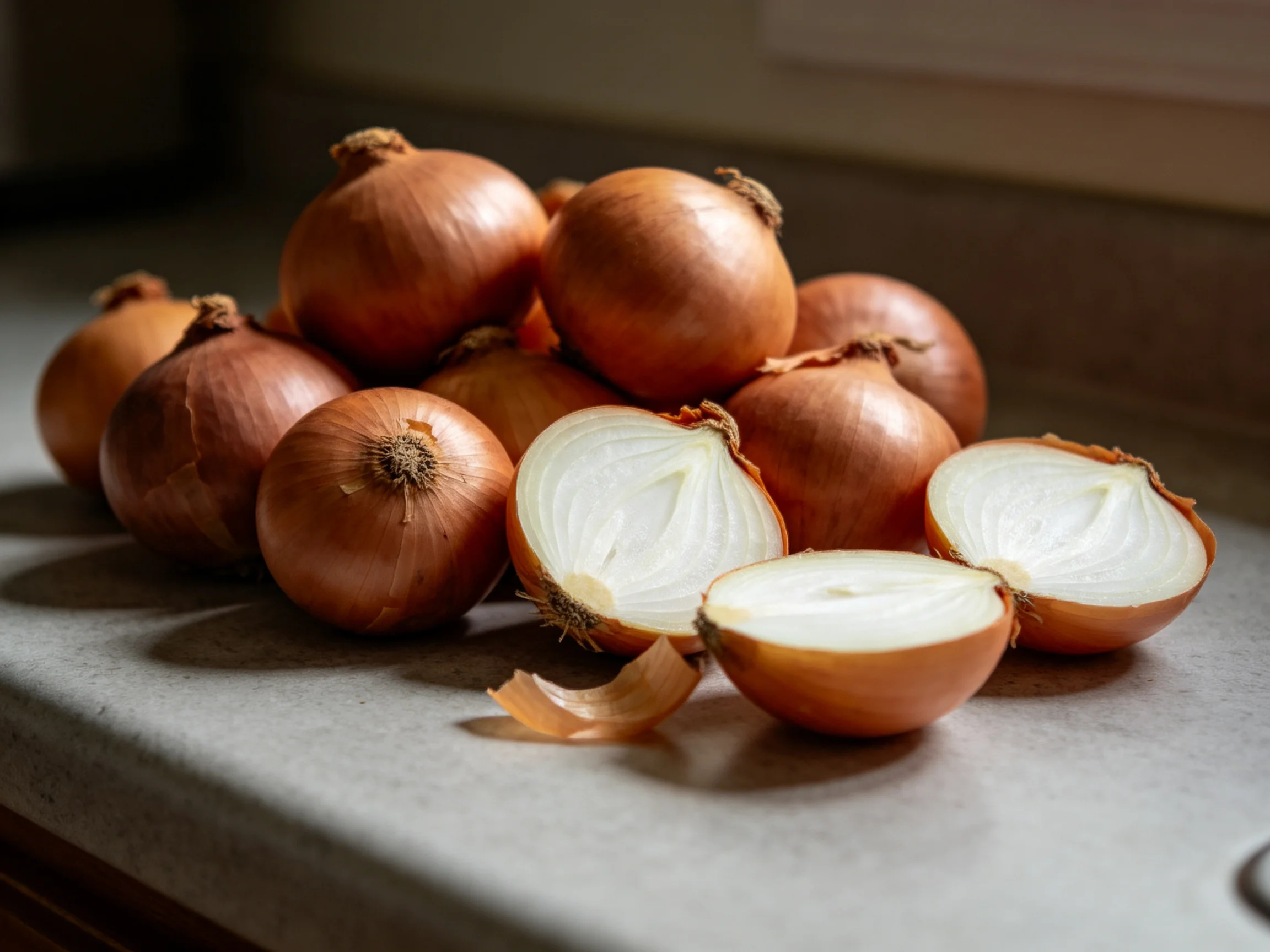 Brown onions stacked, some whole and some halved, on a gray countertop