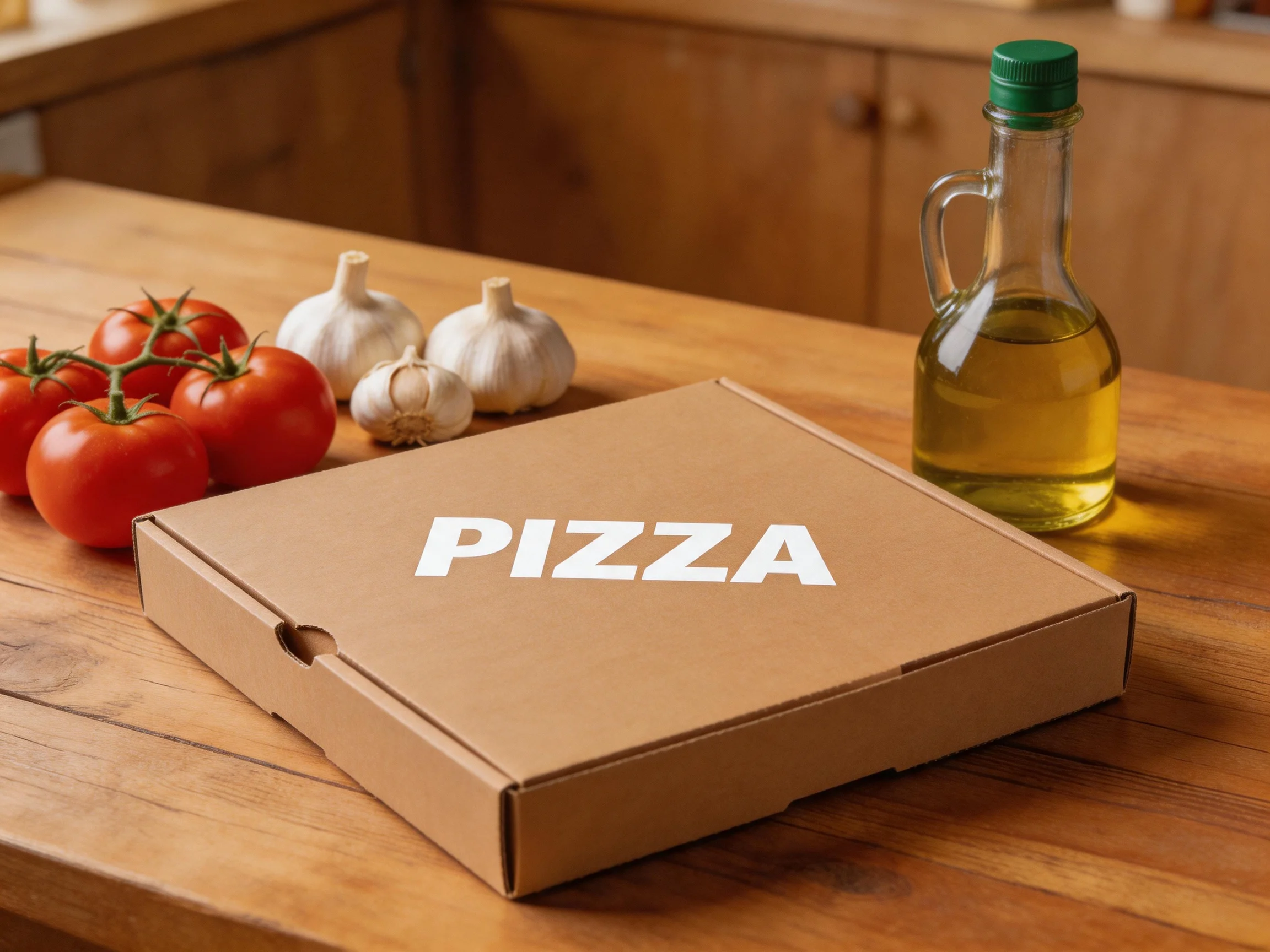 Brown pizza box, red tomatoes, garlic, and green-capped olive oil bottle on wooden table
