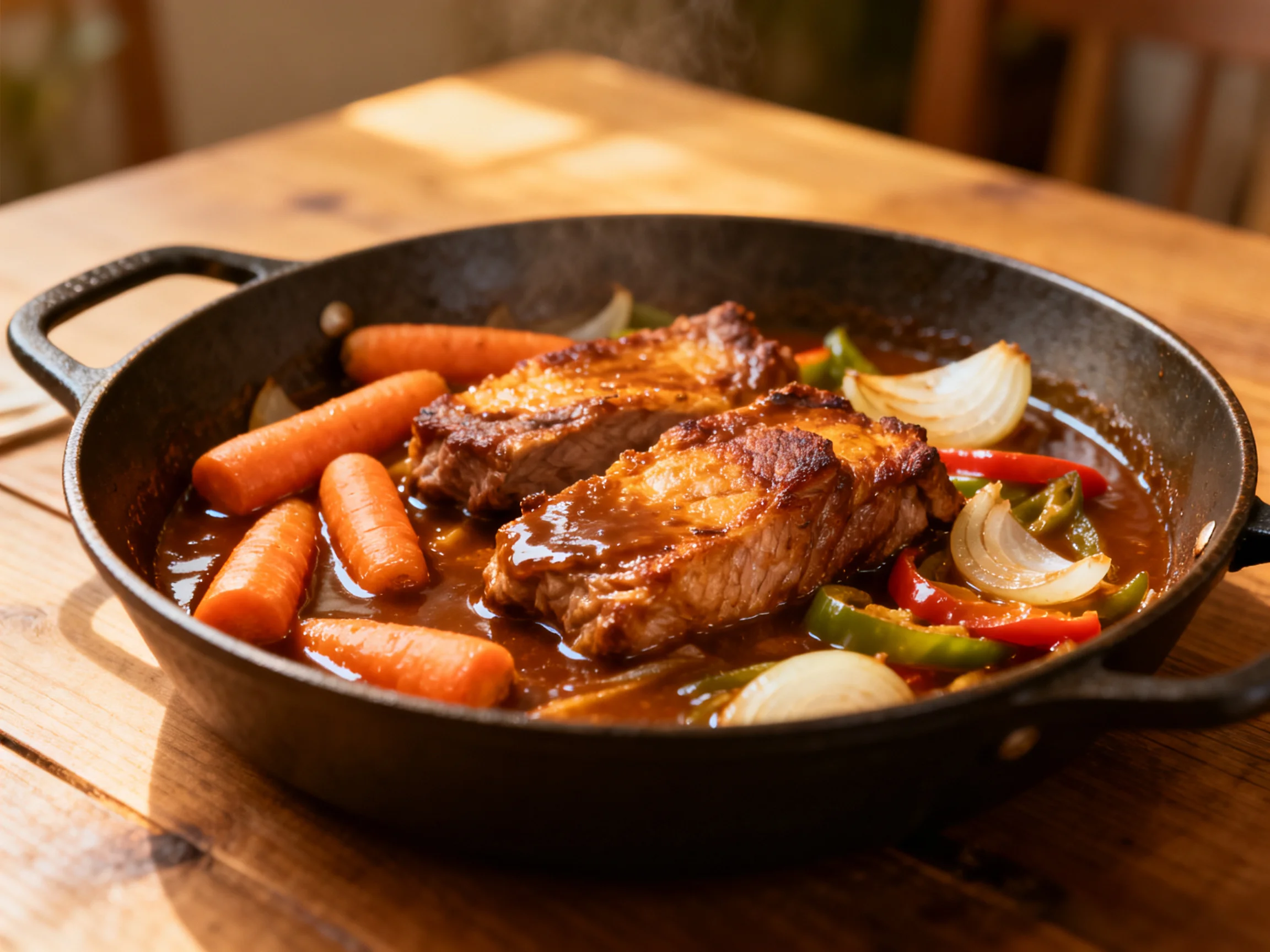 Brown pork chops with carrots, onions, peppers in cast iron pan