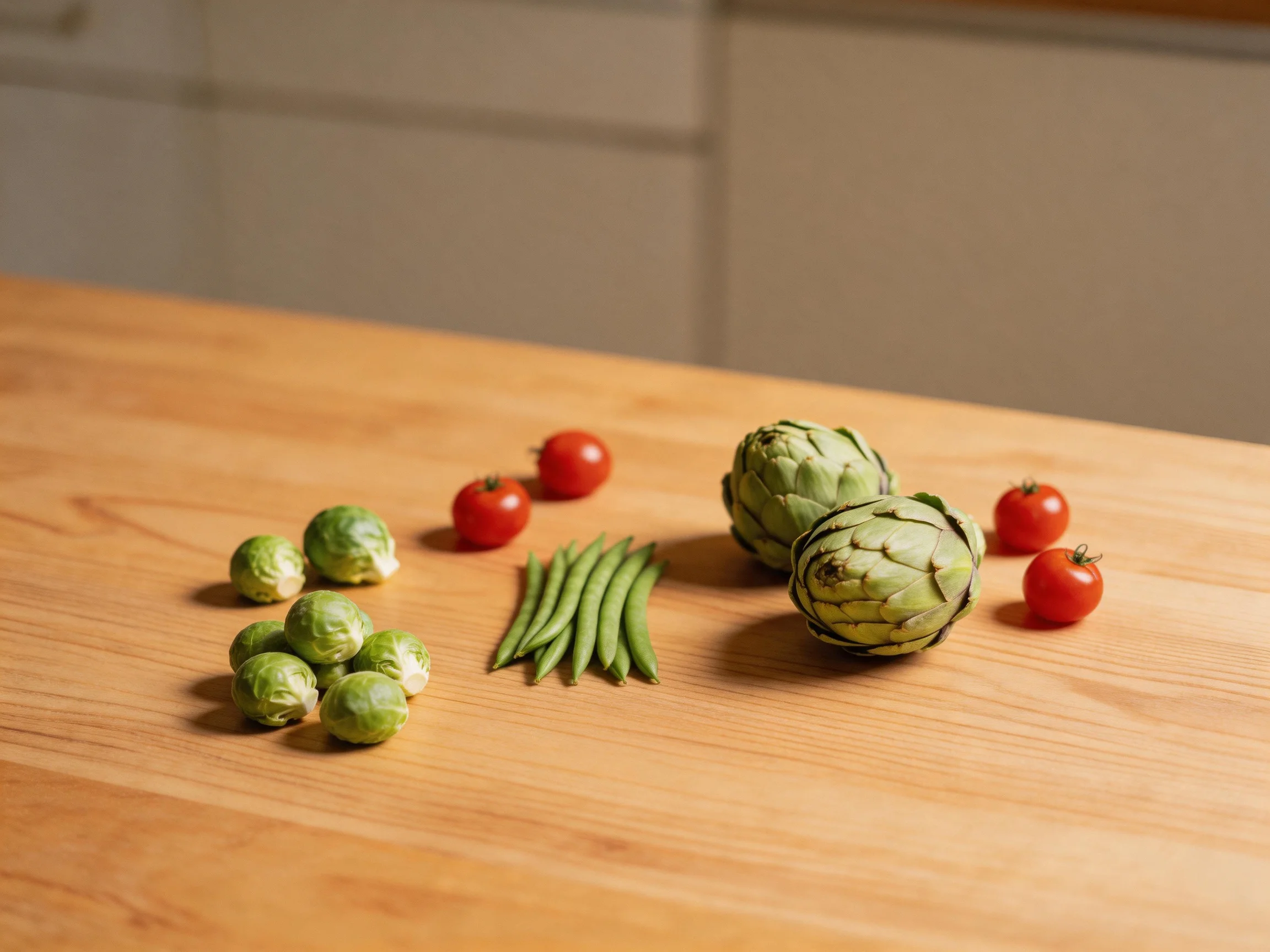 Brussels sprouts, cherry tomatoes, artichokes, and green beans on a wooden countertop