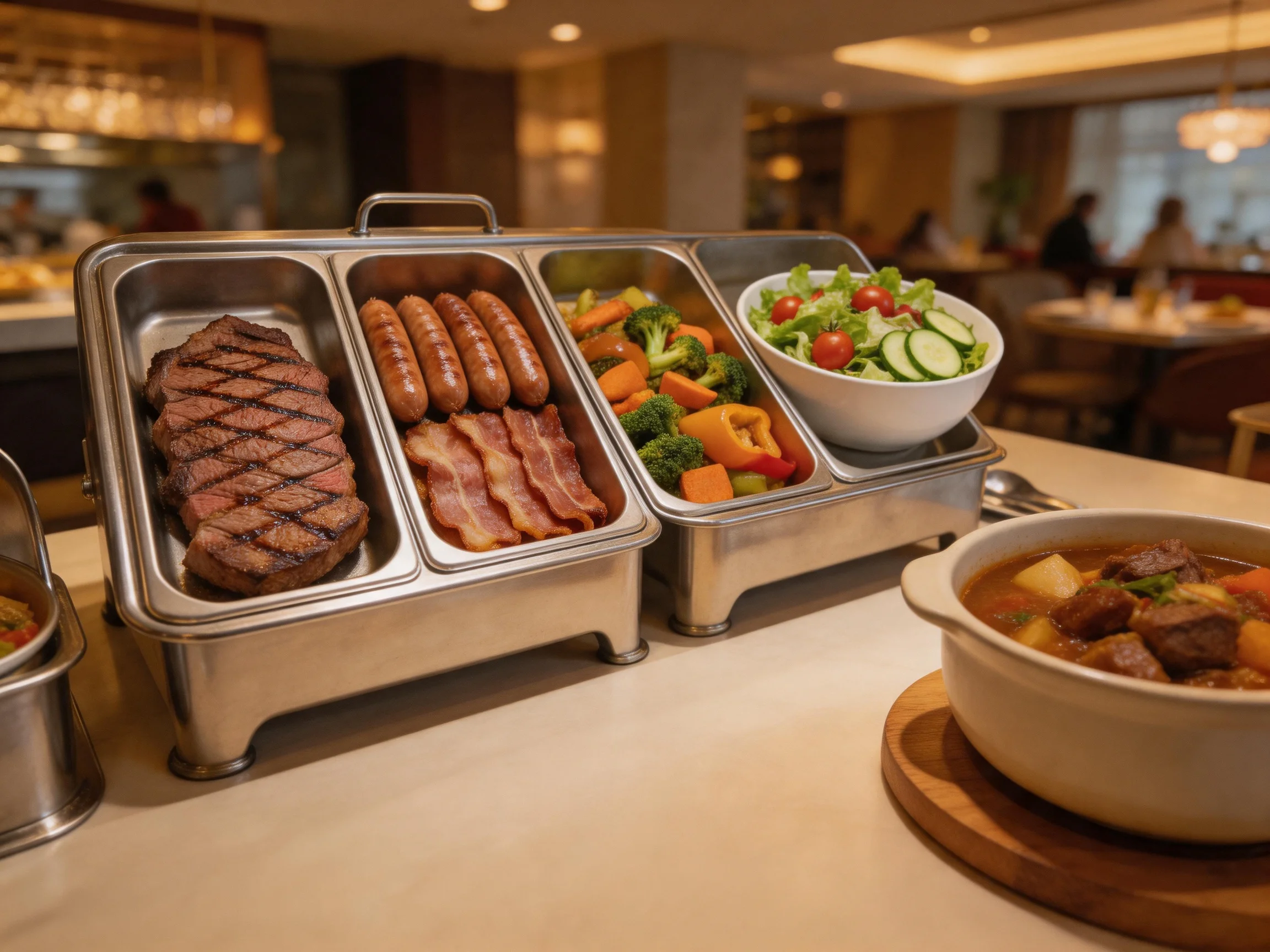 Buffet display featuring grilled steak, sausages, and fresh vegetables