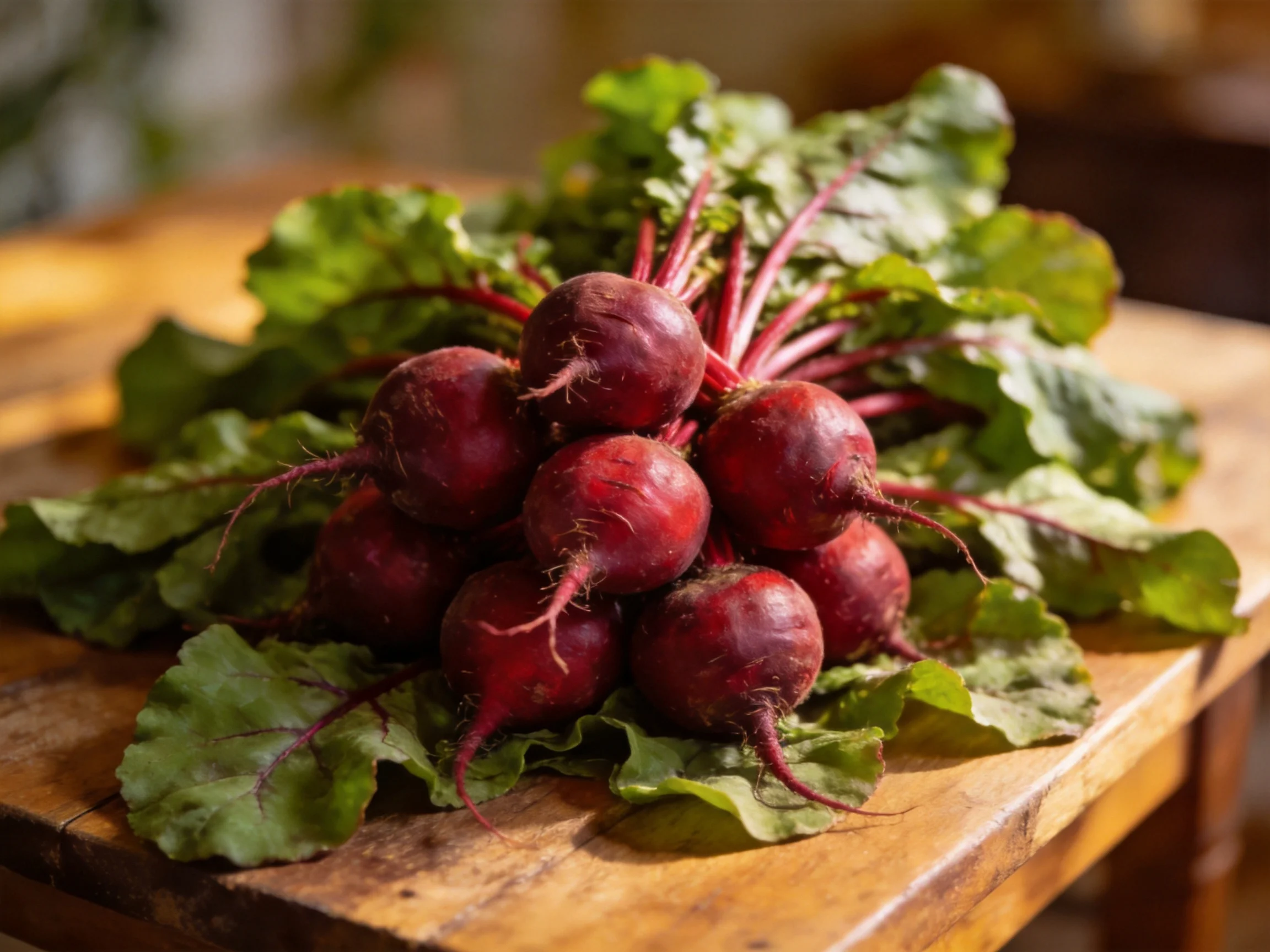 Bunch of deep red beets with green leafy tops on wooden surface