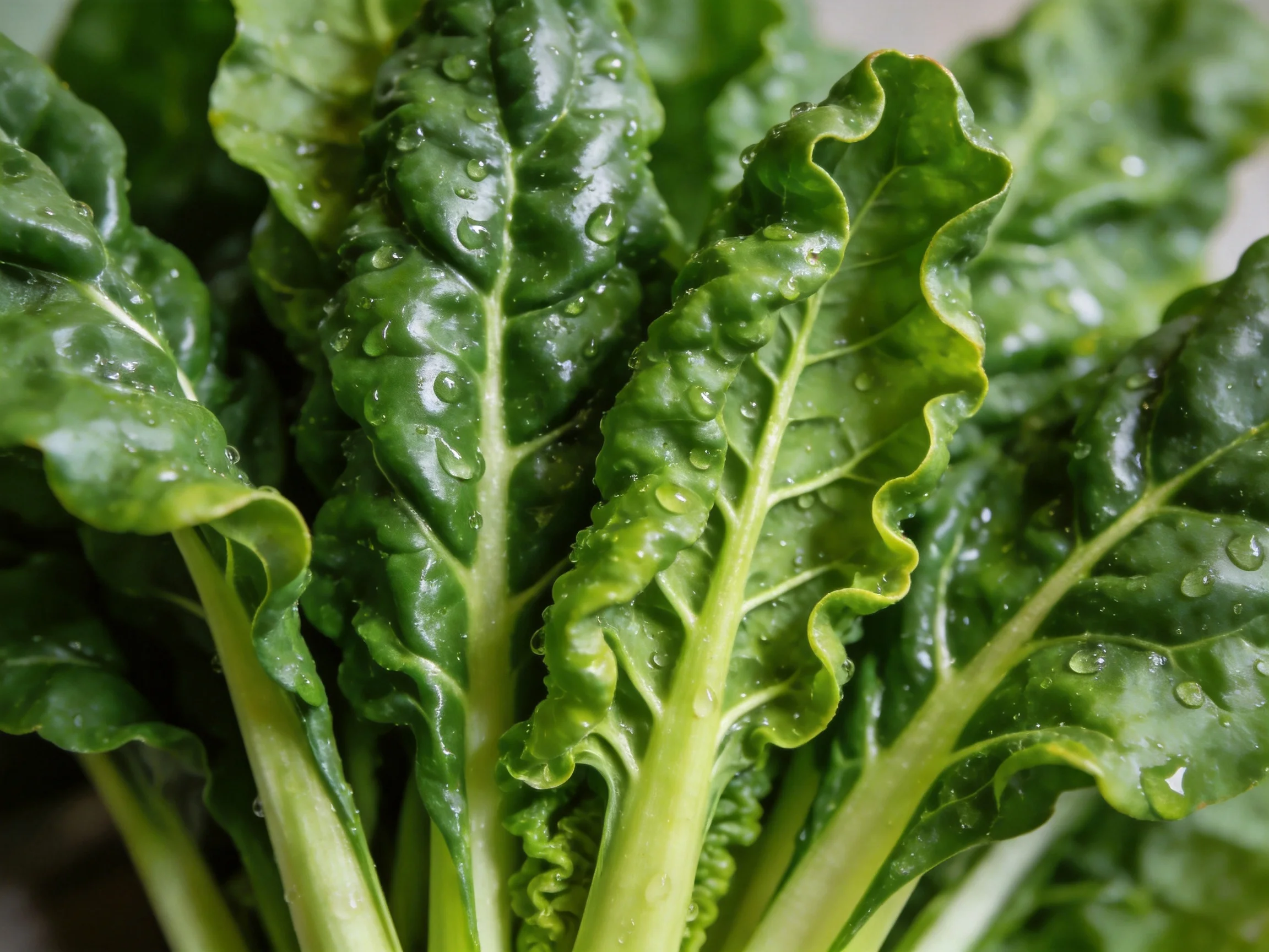 Bunch of fresh dark green leafy vegetables with glistening water droplets