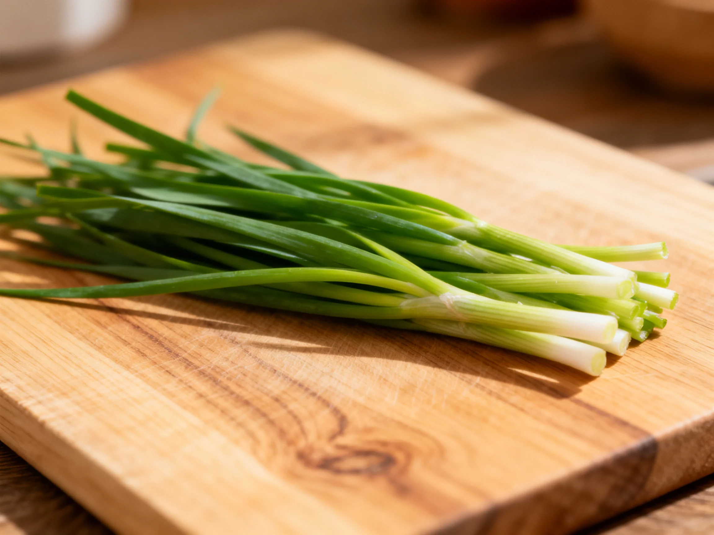 Bunch of fresh green scallions on a polished wooden cutting board