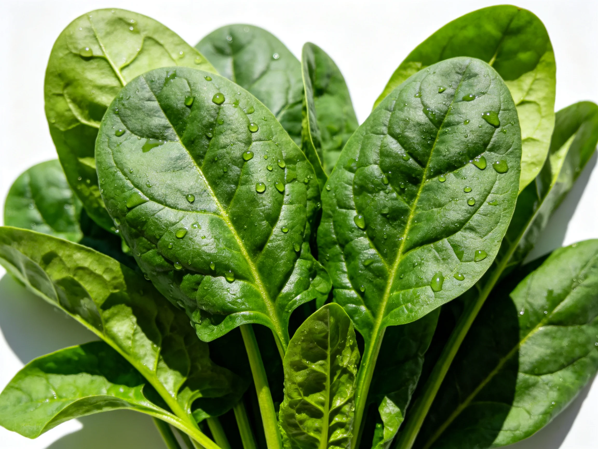 Bunch of fresh green spinach leaves with water droplets