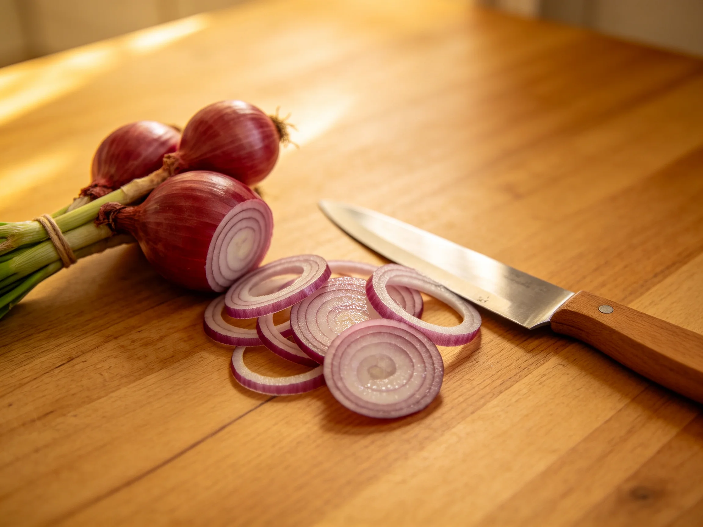 Bunch of fresh red onions, some sliced, with a knife on a wooden surface