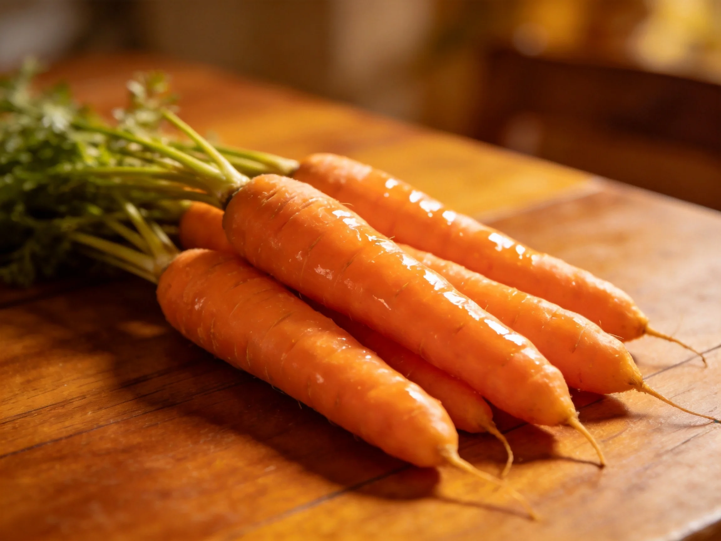 Bunch of freshly washed carrots with green tops on a polished wooden surface