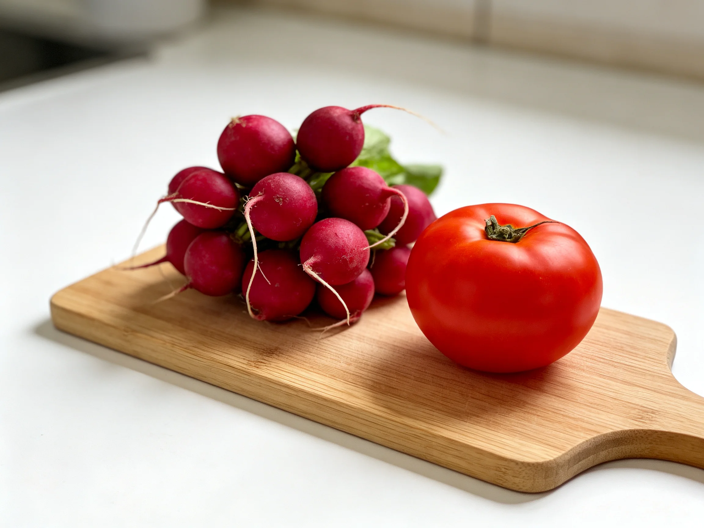 Bunch of red radishes and a single red tomato on a wooden cutting board