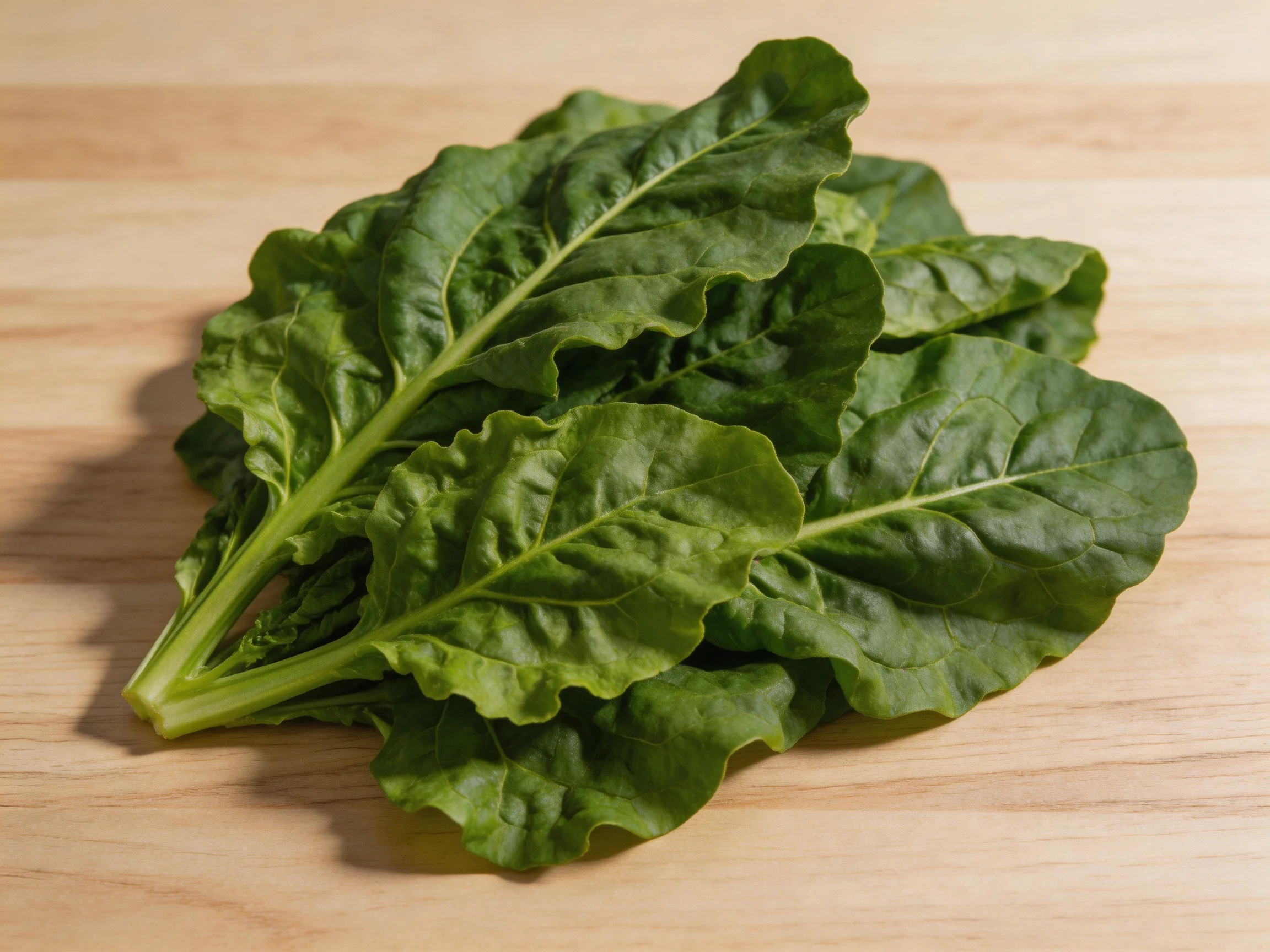 Bunch of vibrant green leafy vegetables on a light wooden surface