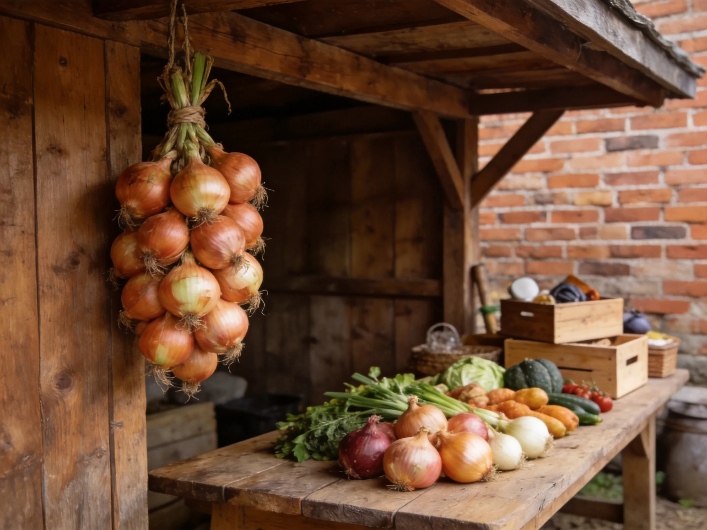 Bunches of golden-brown onions hang beside assorted vegetables on a weathered wooden stand