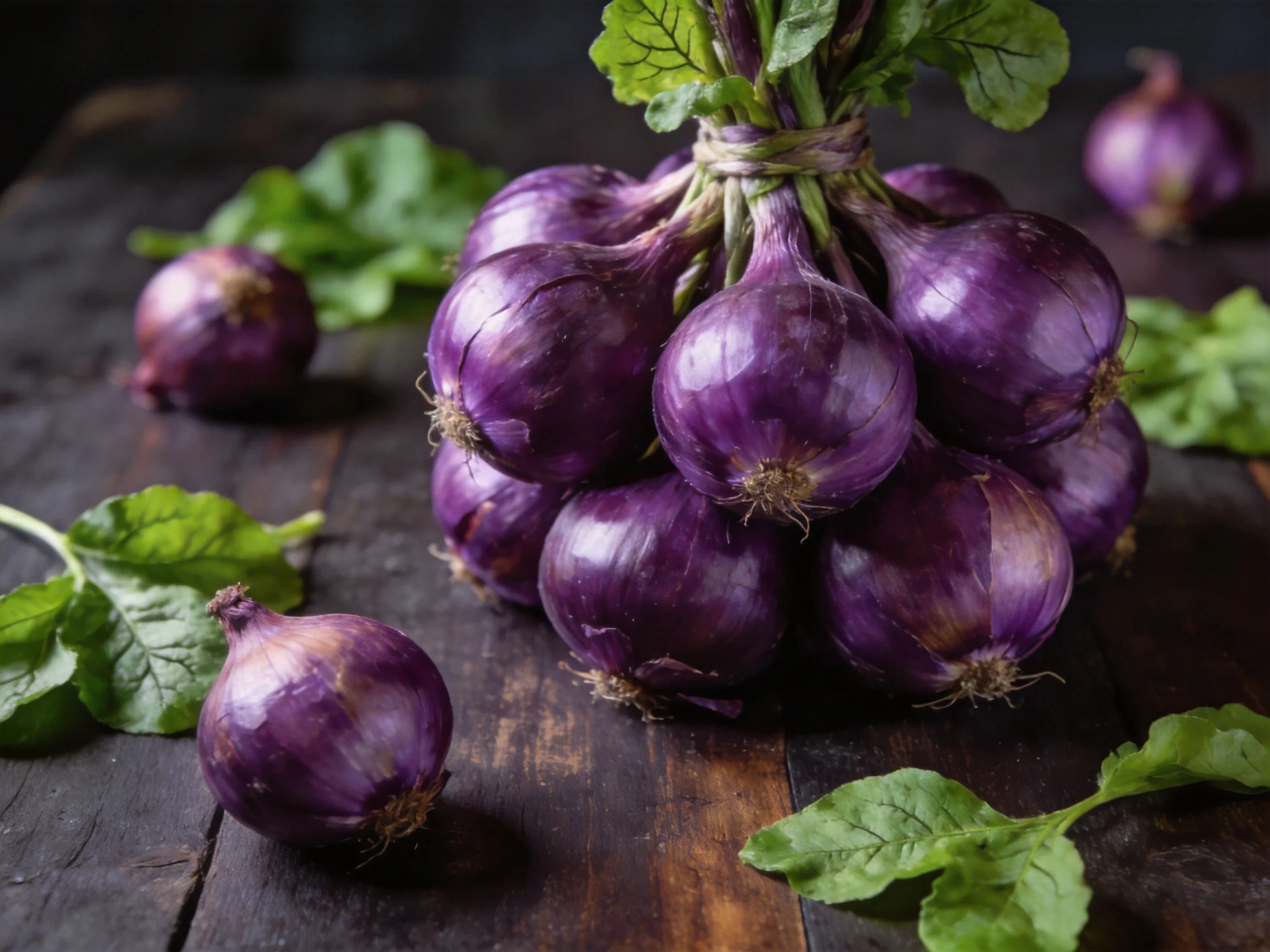 Bundled cluster of vibrant purple onions with scattered green leaves on dark wooden surface
