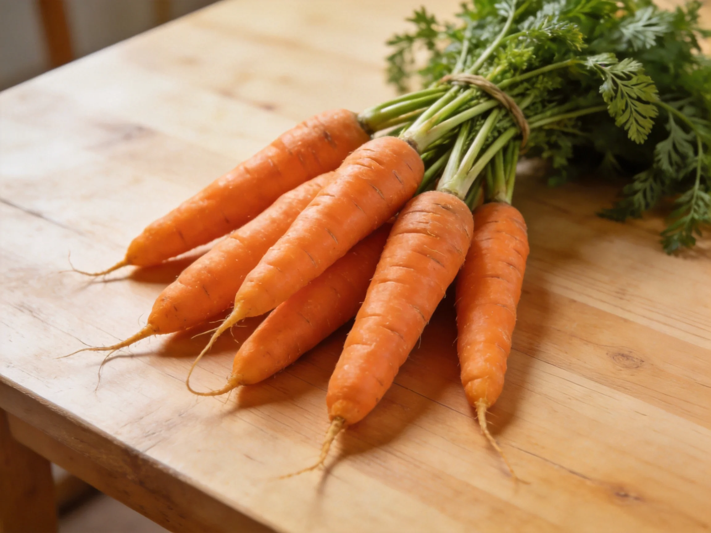 Bundled fresh orange carrots with green foliage on a wooden cutting board