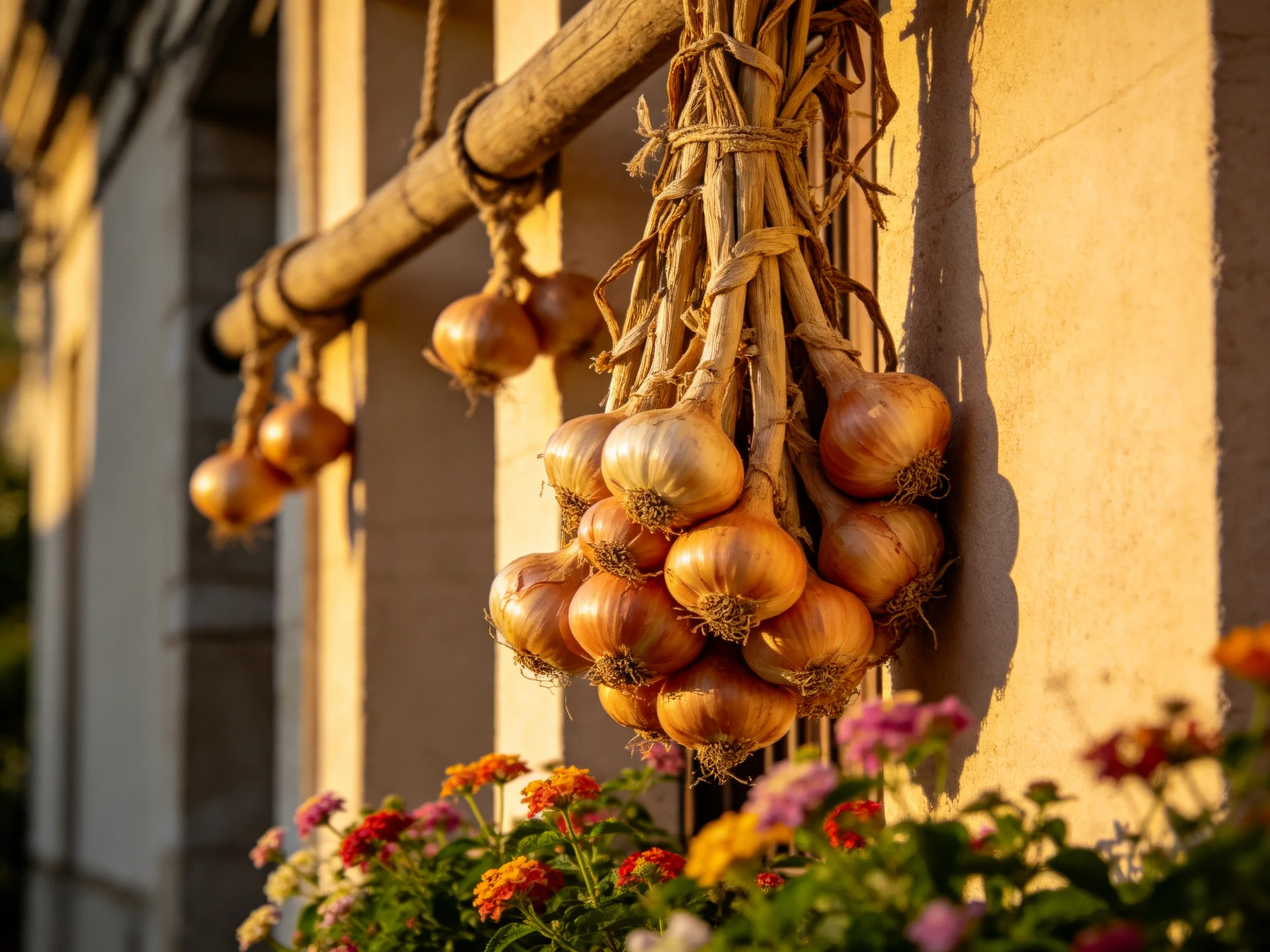 Bundles of golden-brown onions hang beside colorful flowers against sunlit stone walls