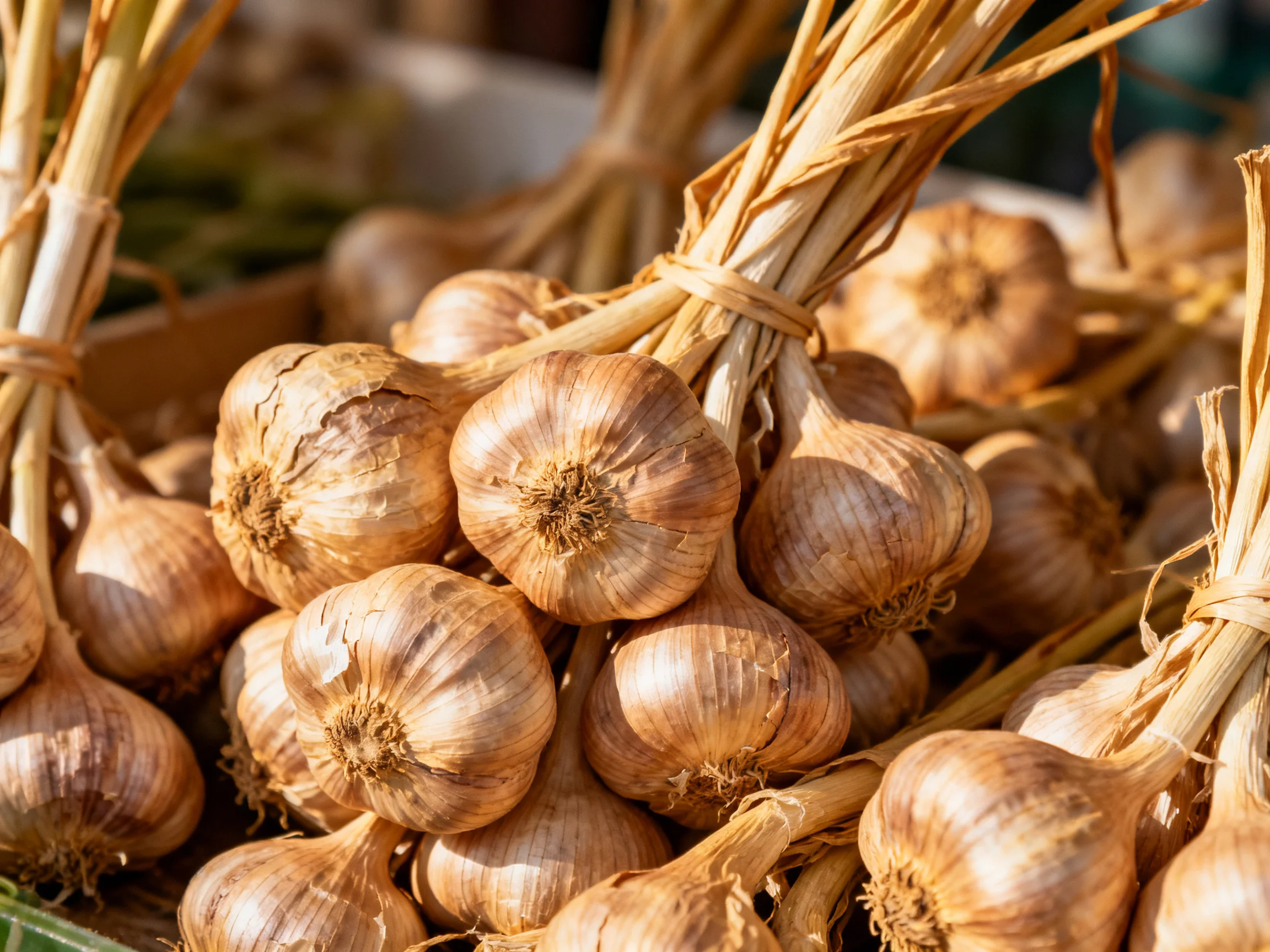 Bundles of golden garlic bulbs in a market display
