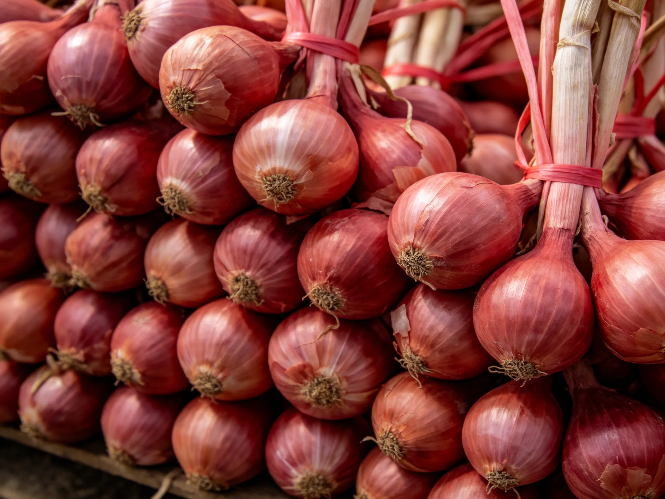Bundles of vibrant red onions stacked in neat piles