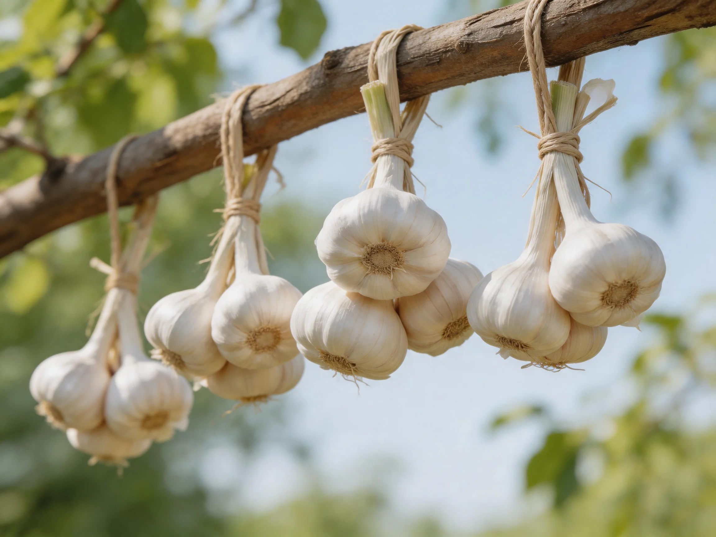 Bundles of white garlic hang from a wooden branch outdoors.