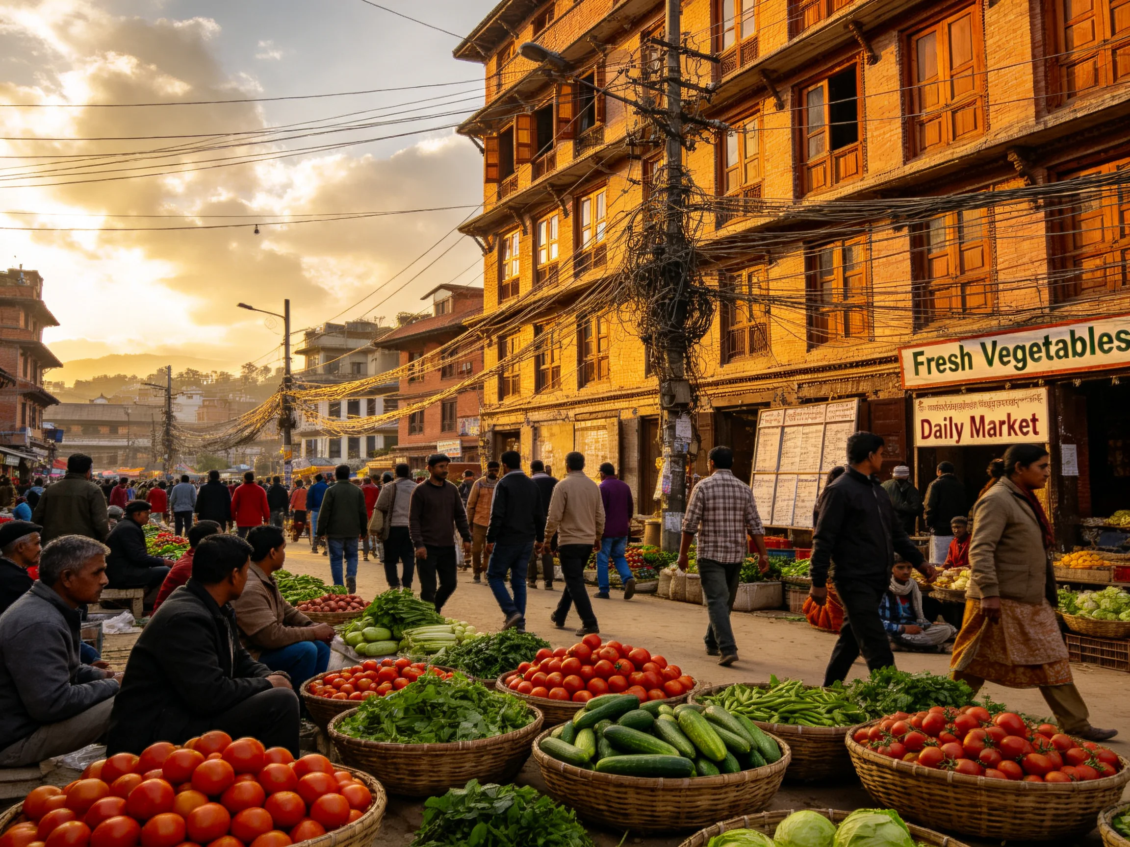 Bustling Market Scene with Colorful Fresh Vegetables and Historic Buildings
