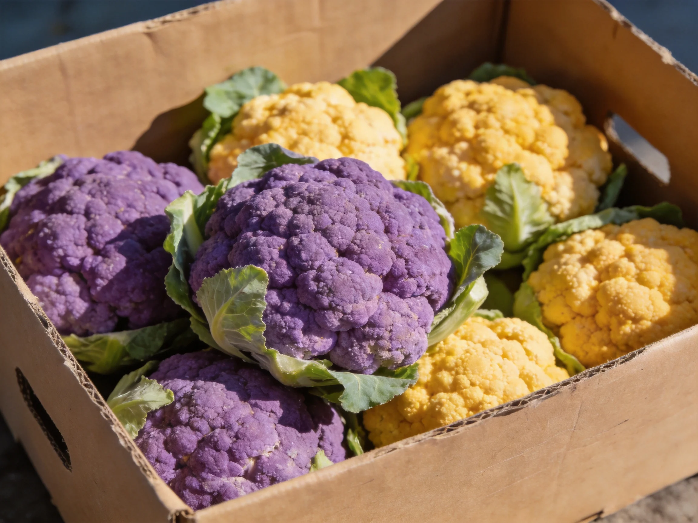 Cardboard box holds vibrant purple and golden cauliflower heads