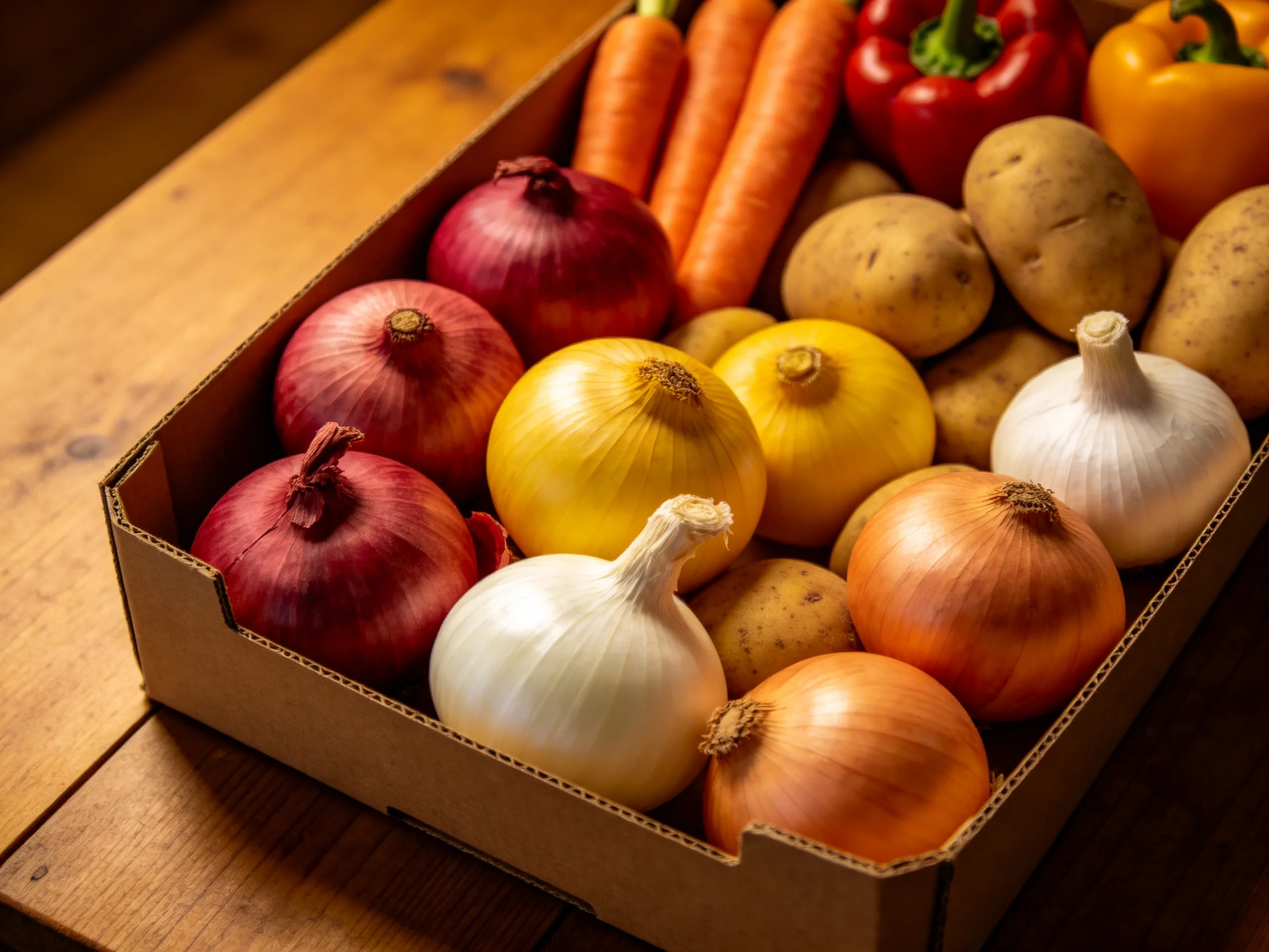 Cardboard box with mixed vegetables: red/yellow onions, carrots, potatoes, bell peppers