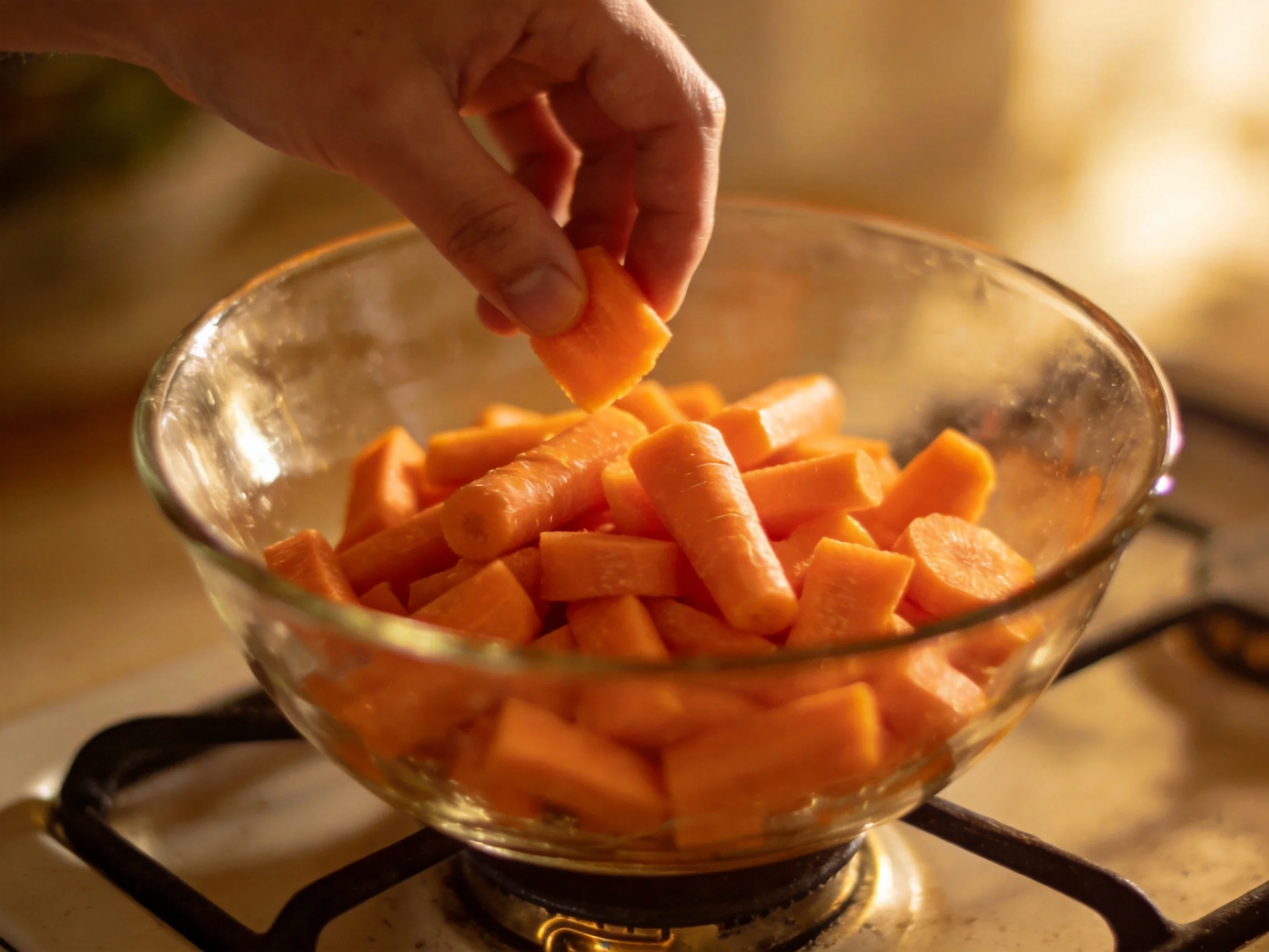 Carrot pieces being added to a glass bowl on a stove burner