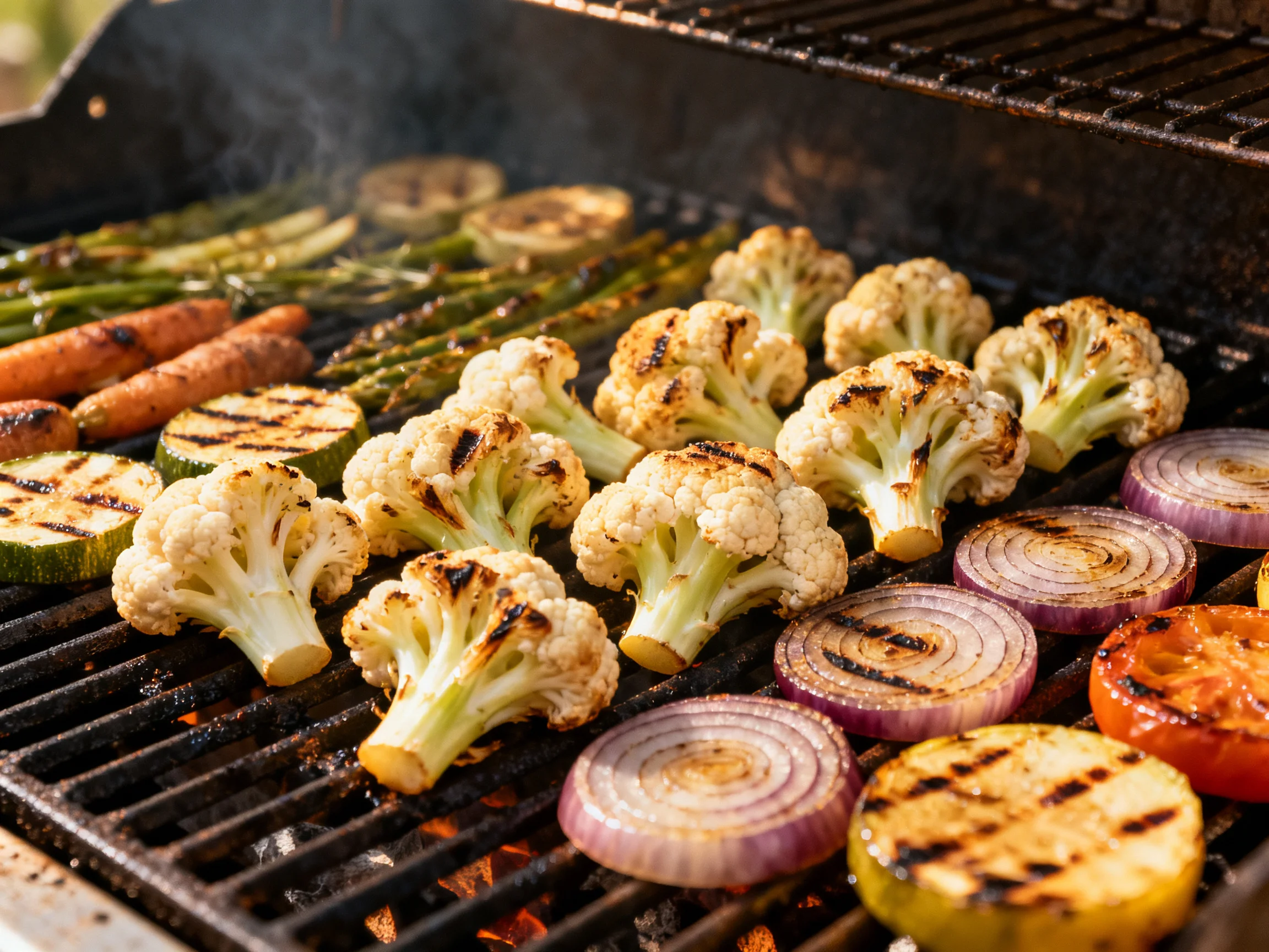 Cauliflower and mixed vegetables grilling on a charcoal grill
