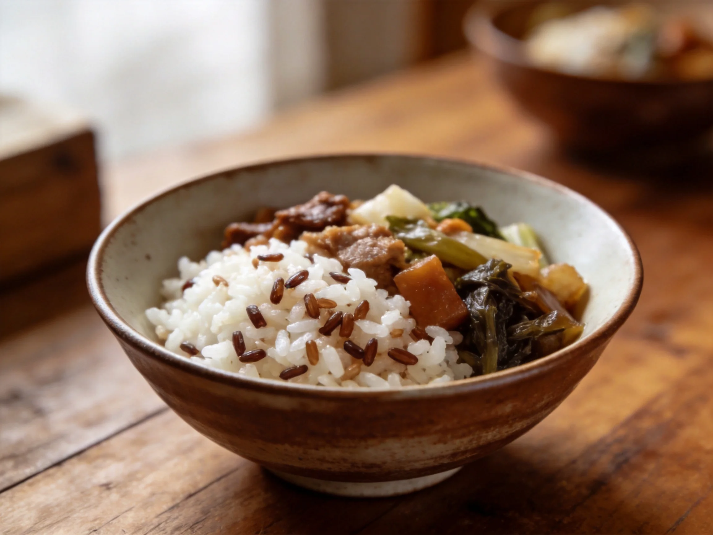 Ceramic bowl filled with mixed rice, meat, and vegetables on wooden table