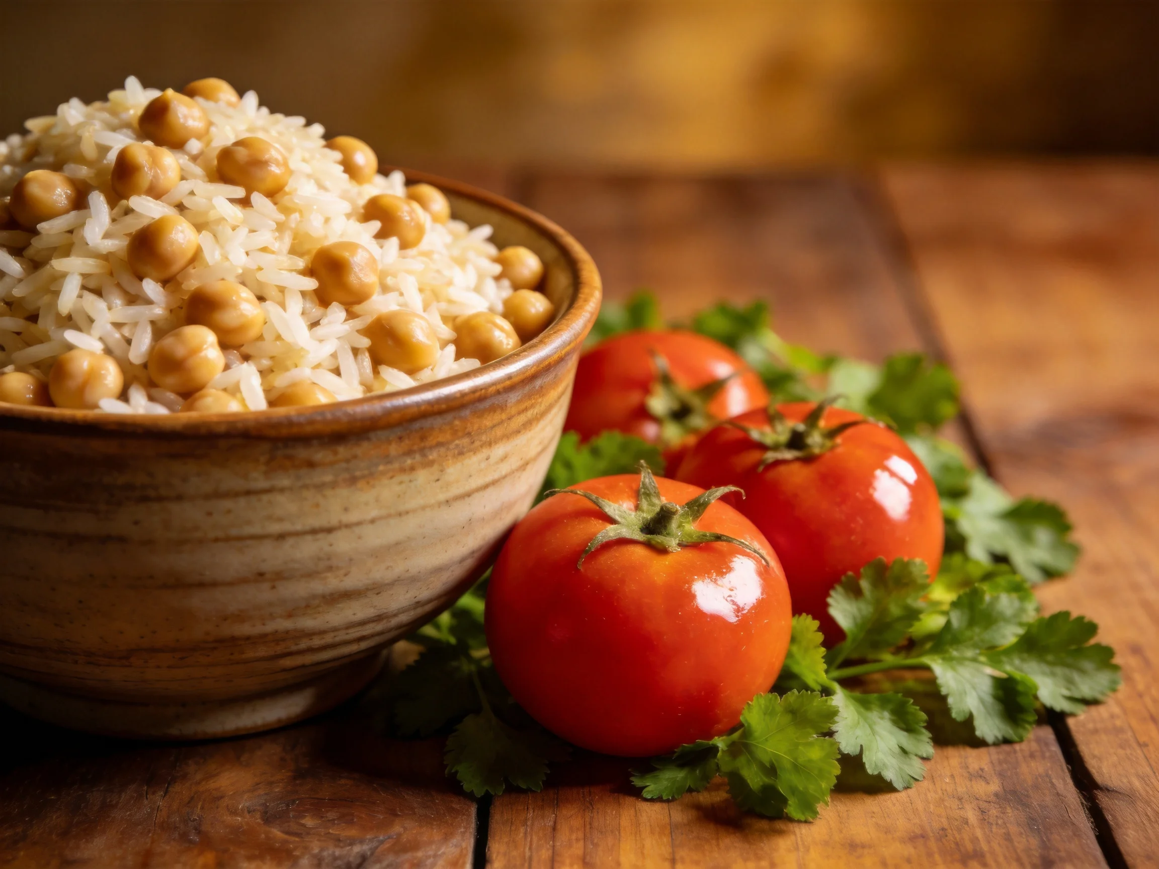Ceramic bowl of rice and chickpeas beside vibrant tomatoes and cilantro