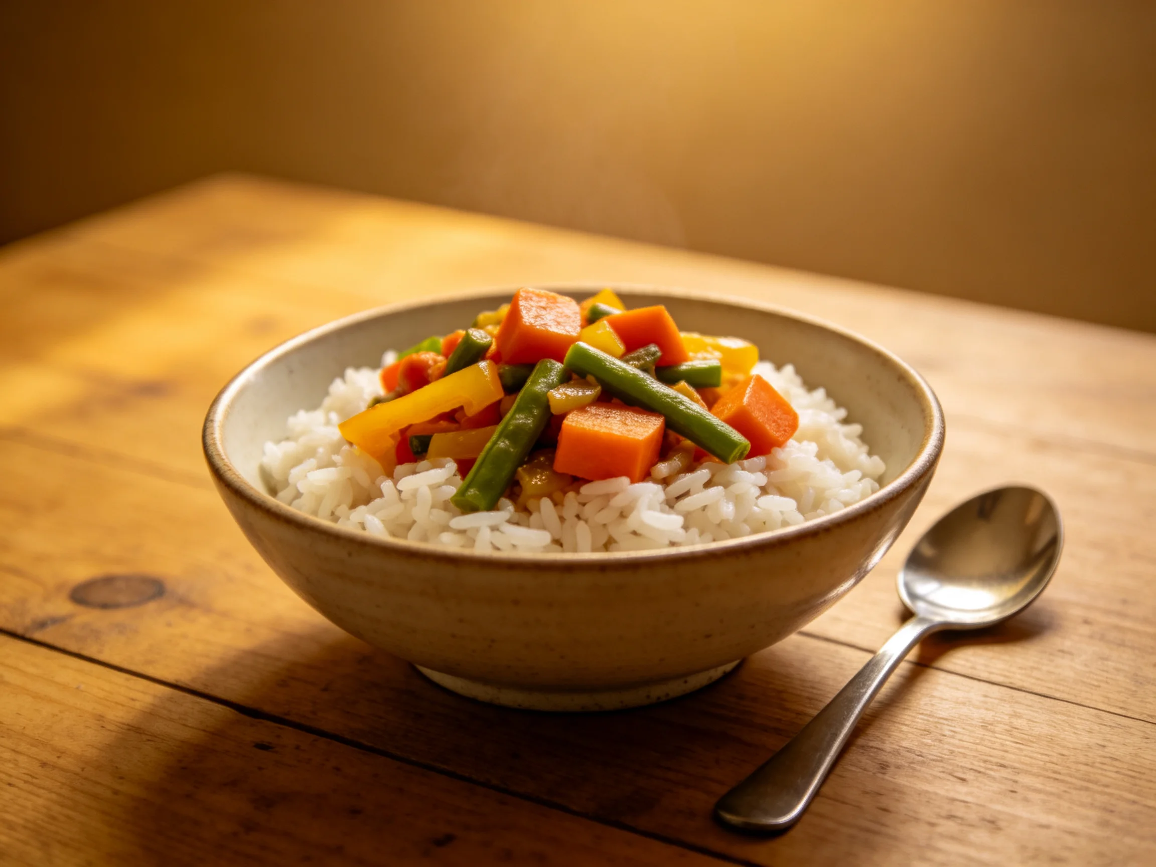 Ceramic bowl of white rice topped with colorful mixed vegetables on wooden table