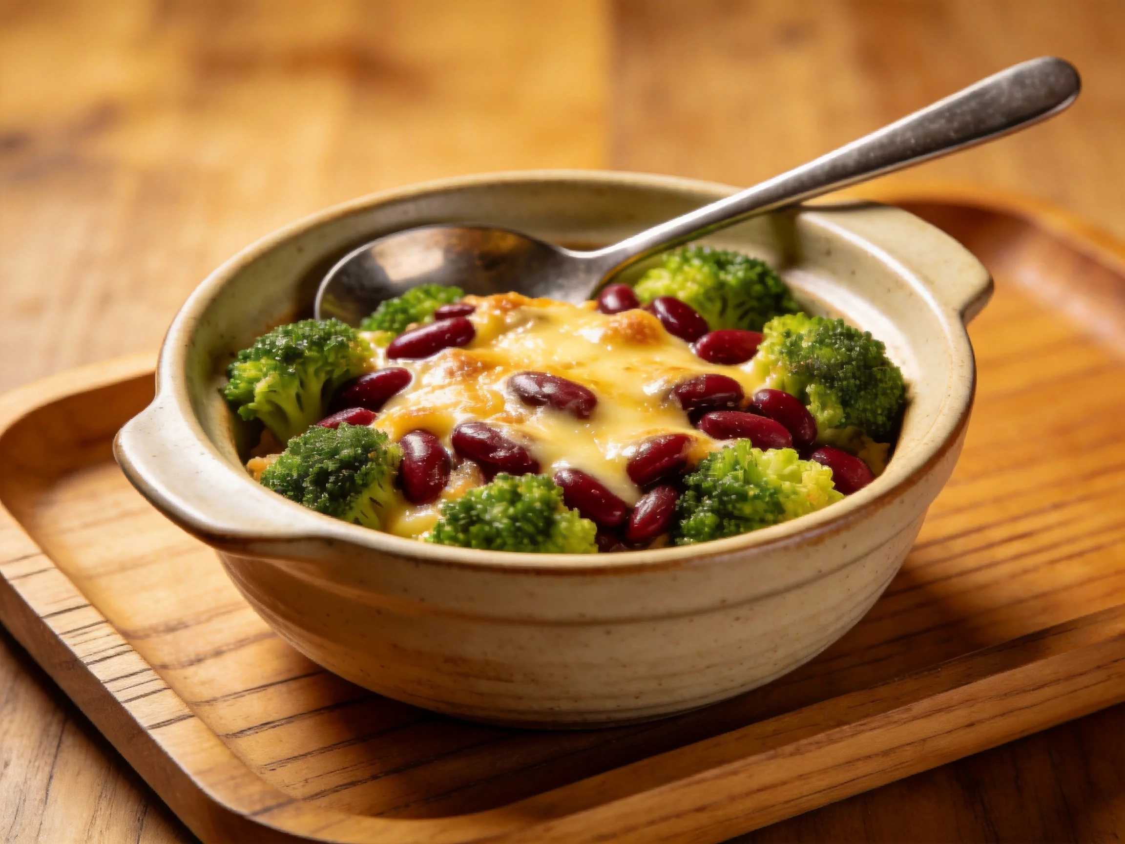 Ceramic bowl with broccoli, red beans, and melted cheese