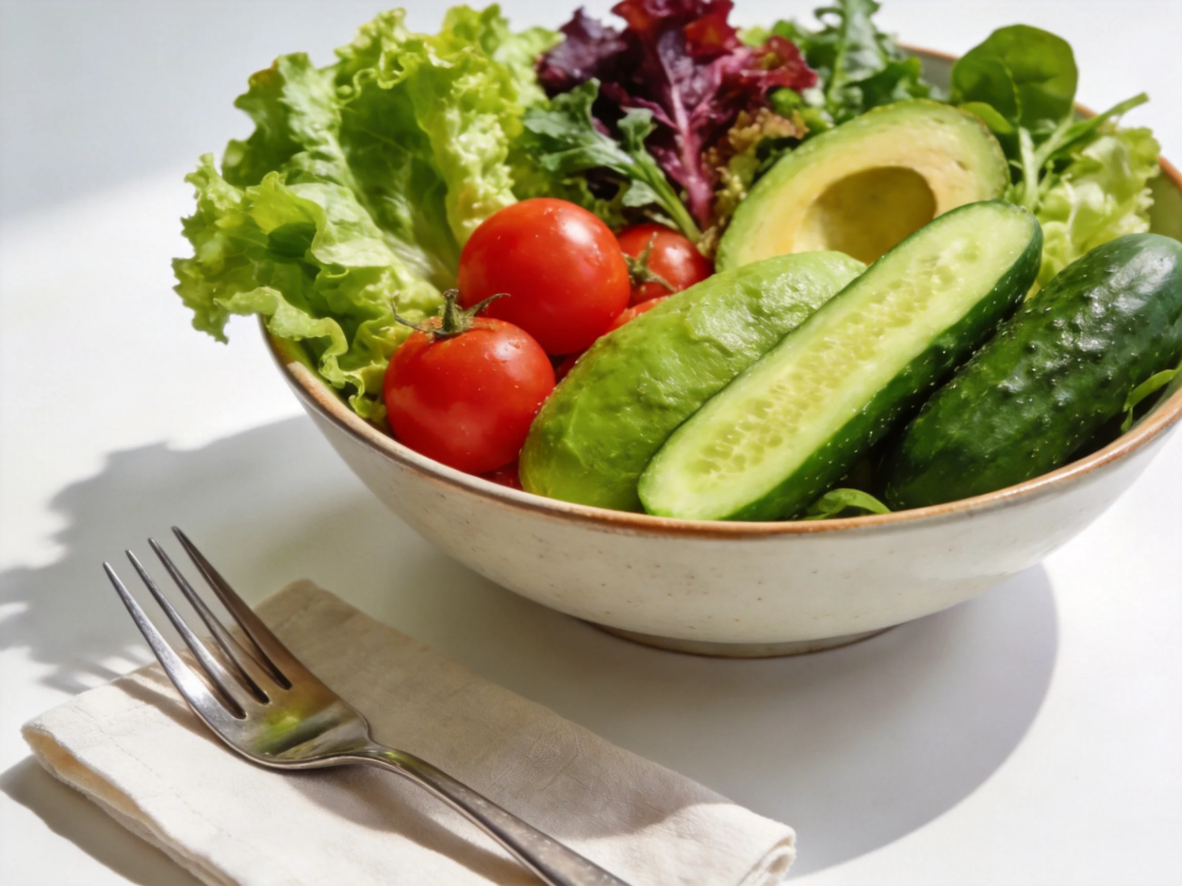 Ceramic bowl with fresh vegetables including avocado, cucumbers, tomatoes, and mixed greens