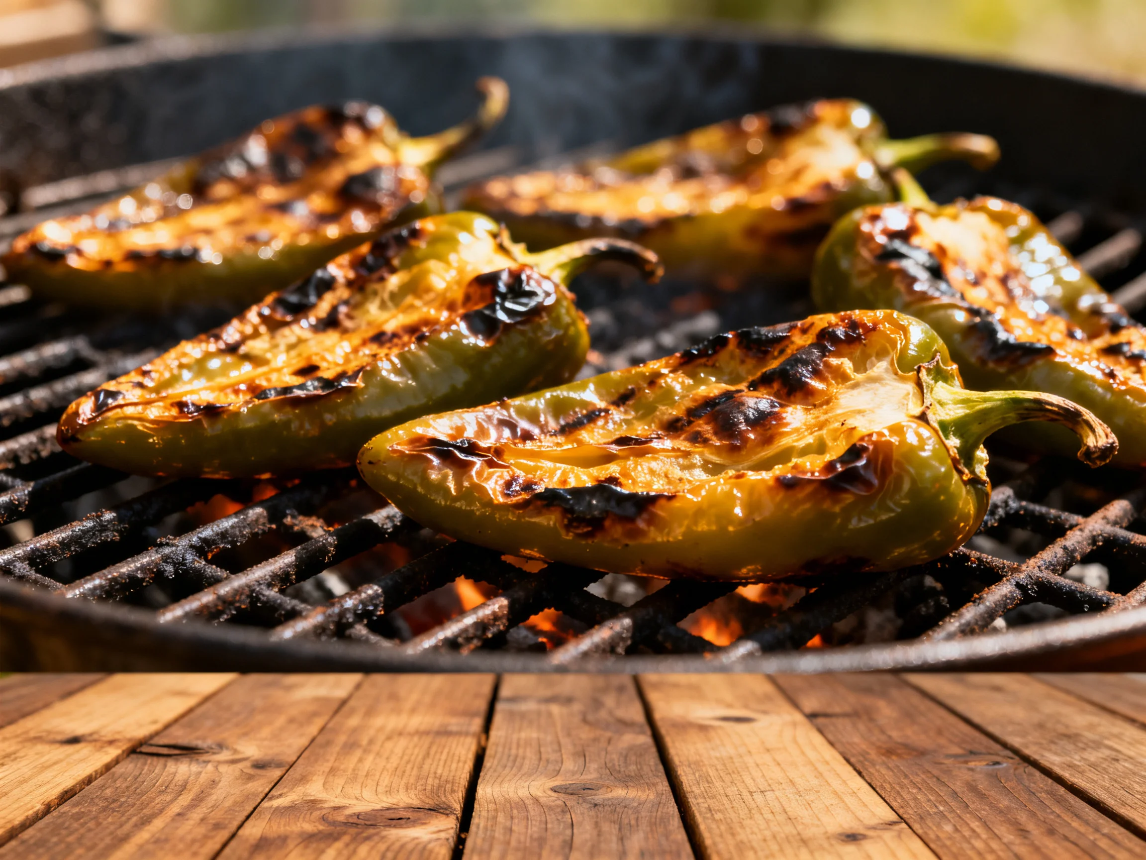 Charred green peppers grilling on a black cast iron barbecue over wooden planks