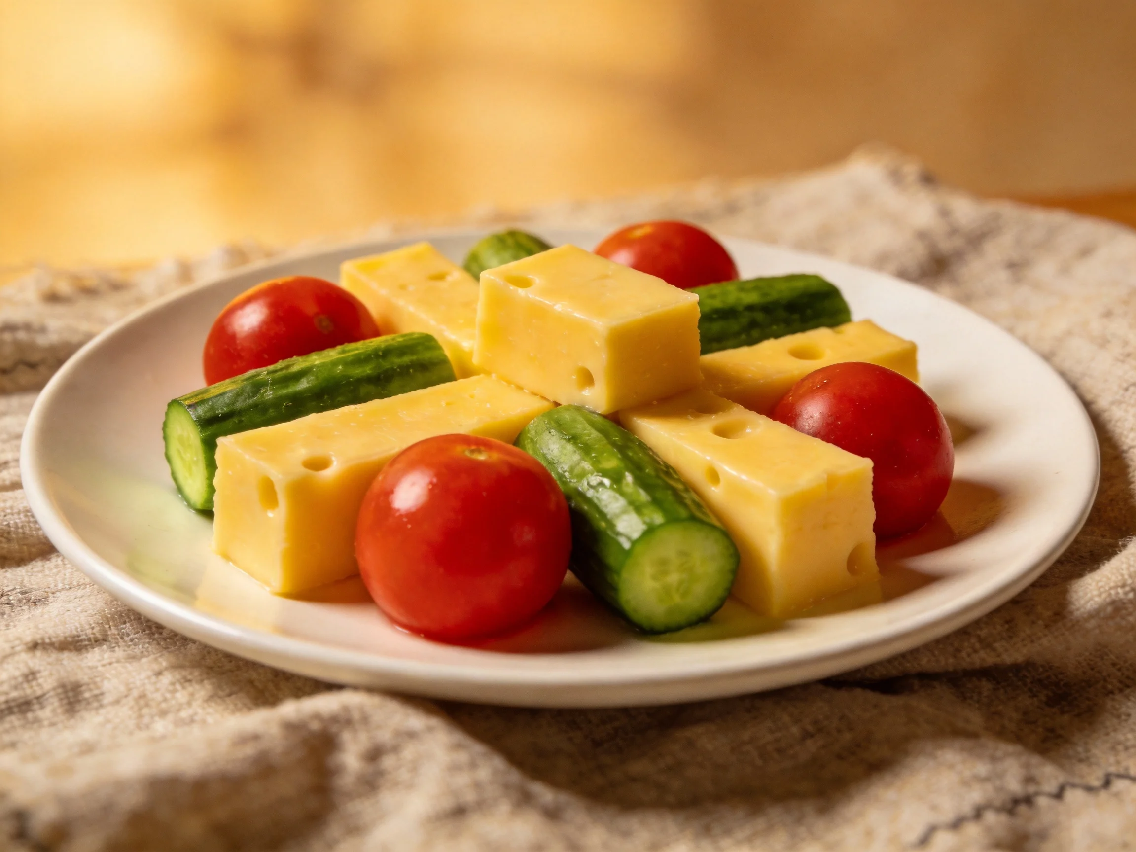 Cheese cubes, cherry tomatoes, and cucumber slices arranged on a cloth-covered plate