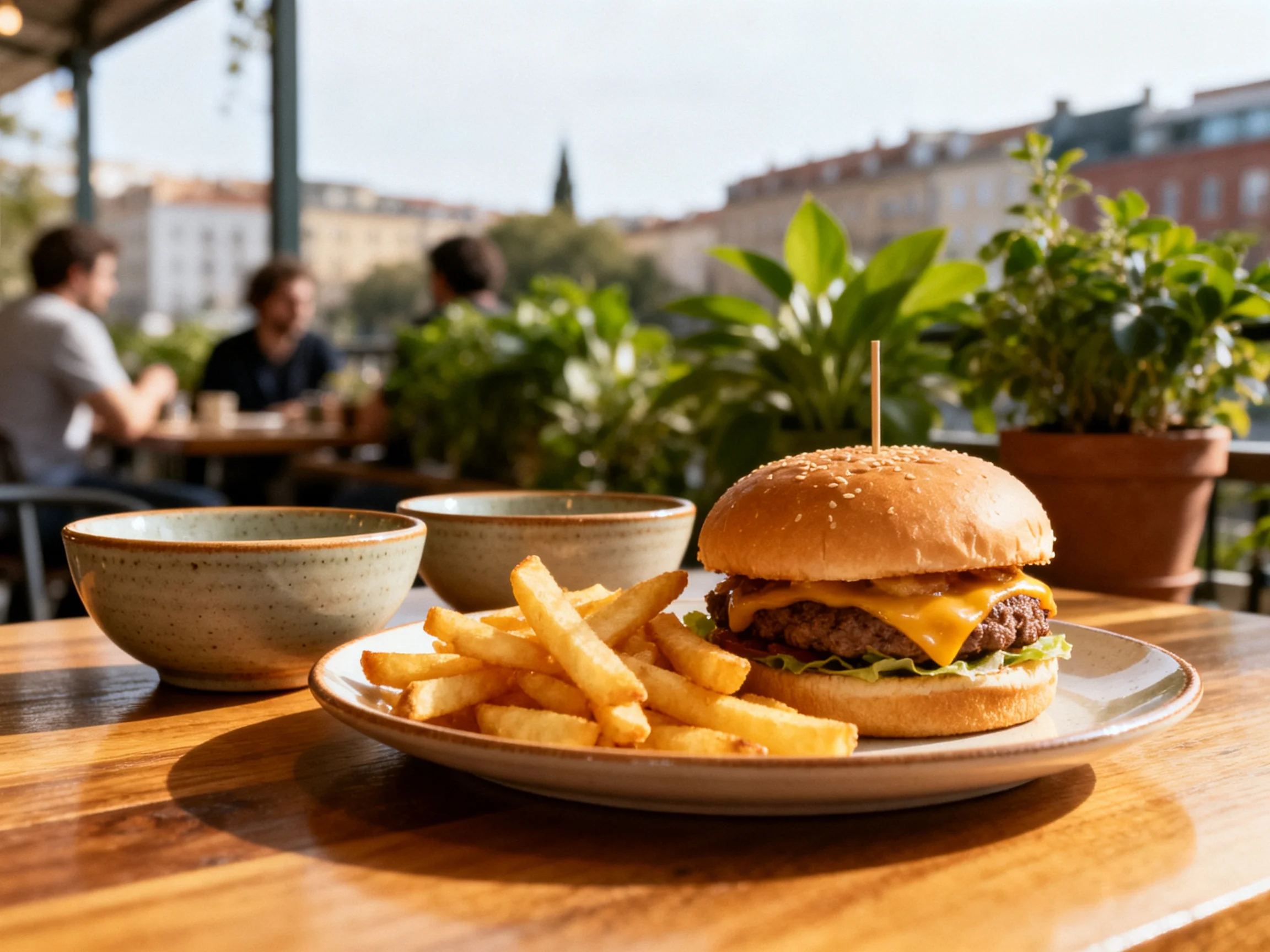 Cheeseburger with crispy fries on a wooden table beside two ceramic bowls