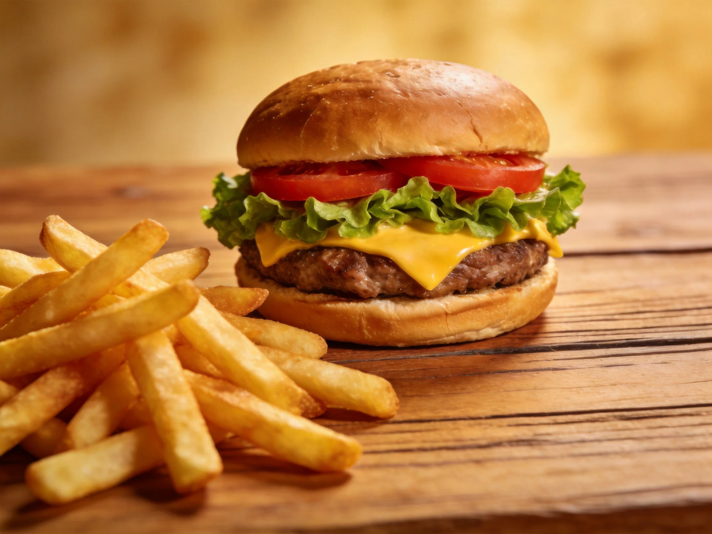 Cheeseburger with lettuce, tomato, and beef patty served with crispy French fries