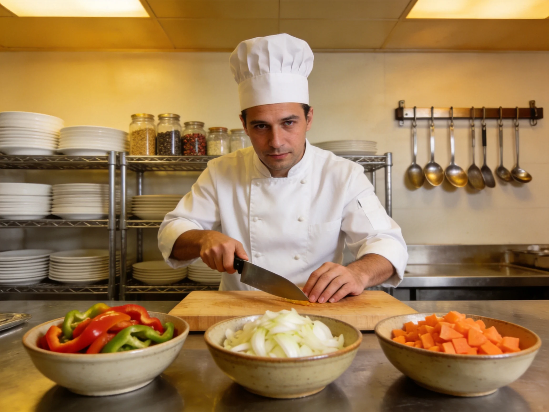 Chef Preparing Mixed Vegetables in Commercial Kitchen