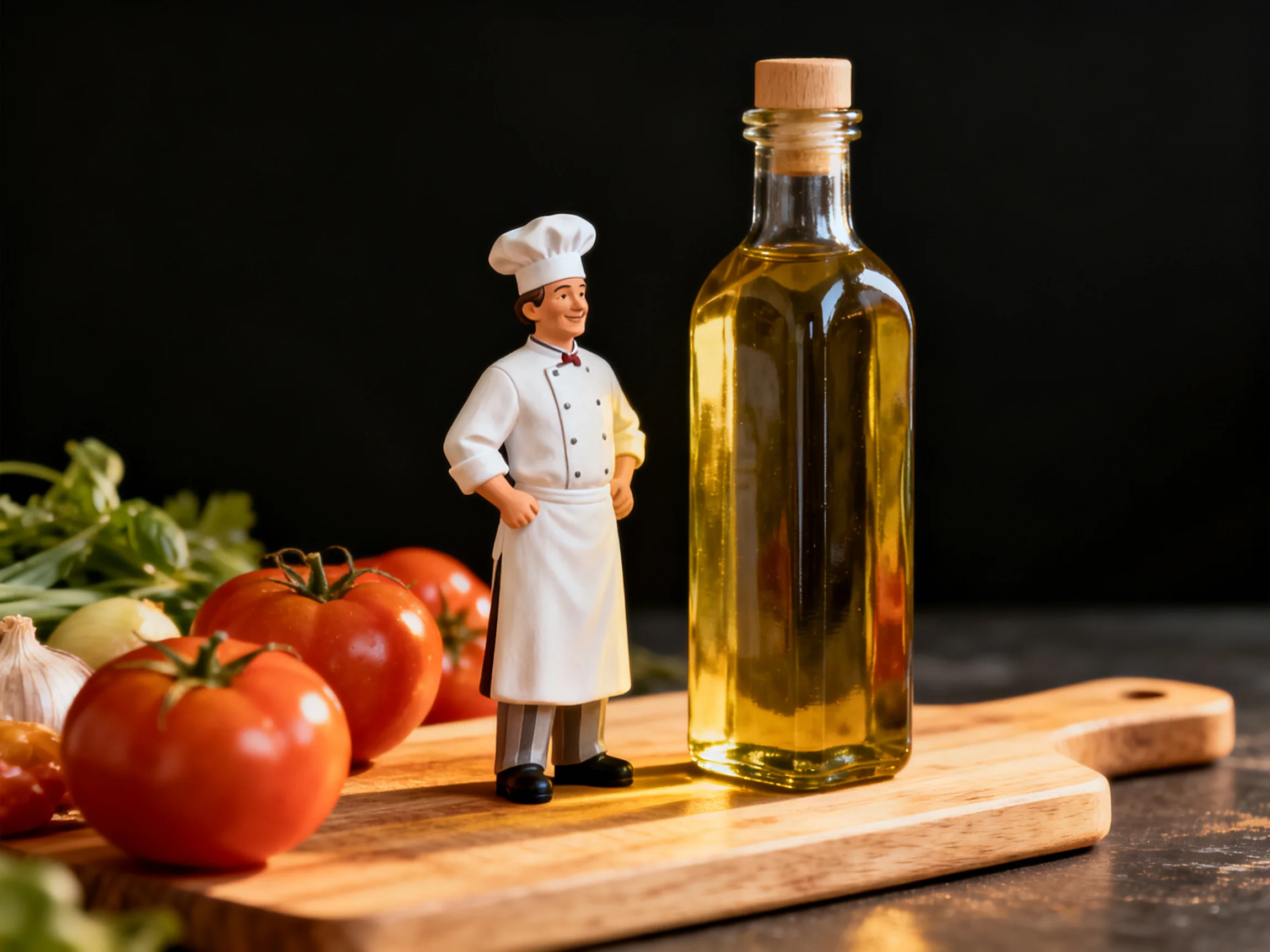 Chef figurine beside olive oil bottle with tomatoes on wooden board