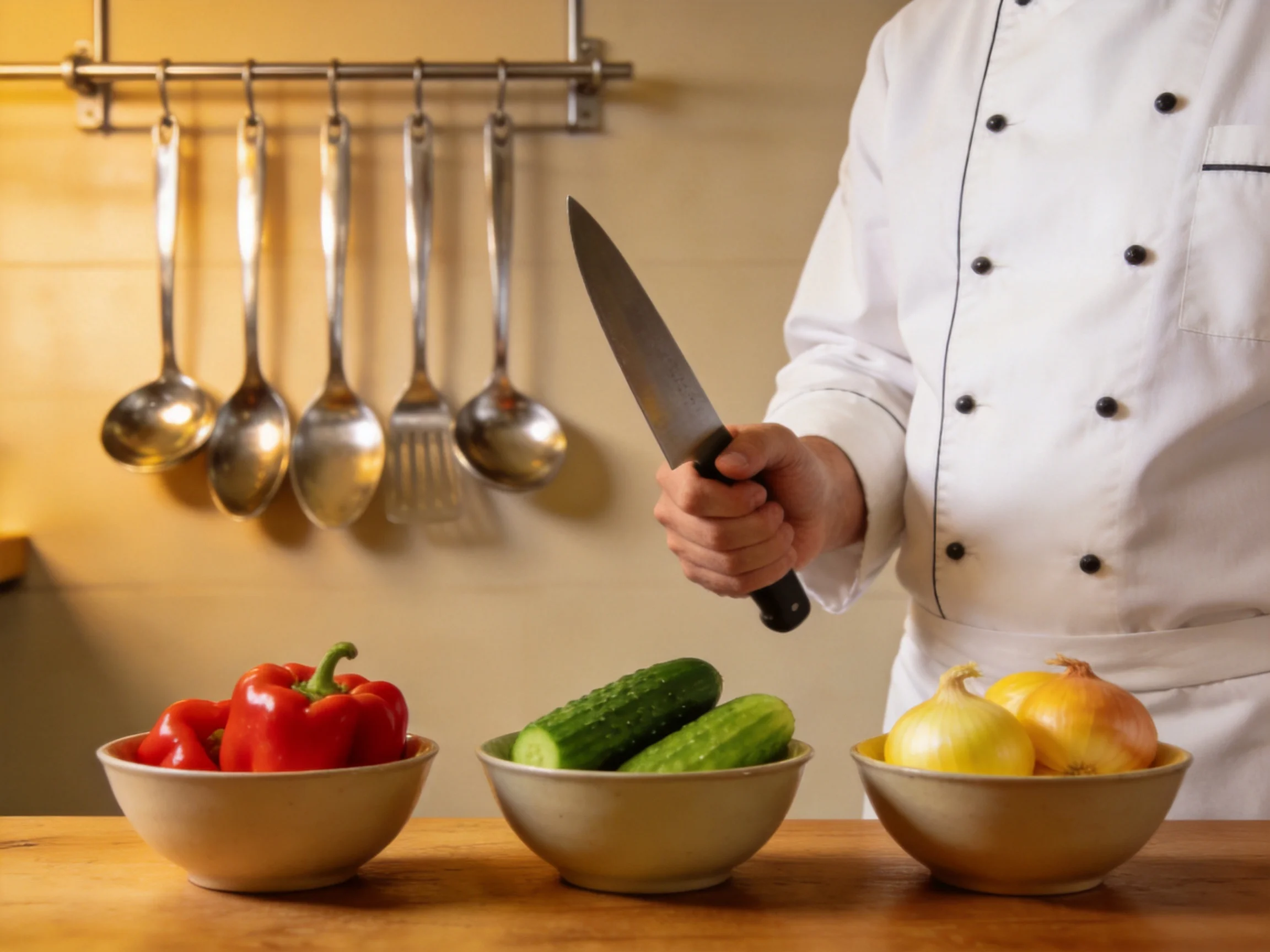 Chef preparing fresh vegetables near hanging kitchen utensils