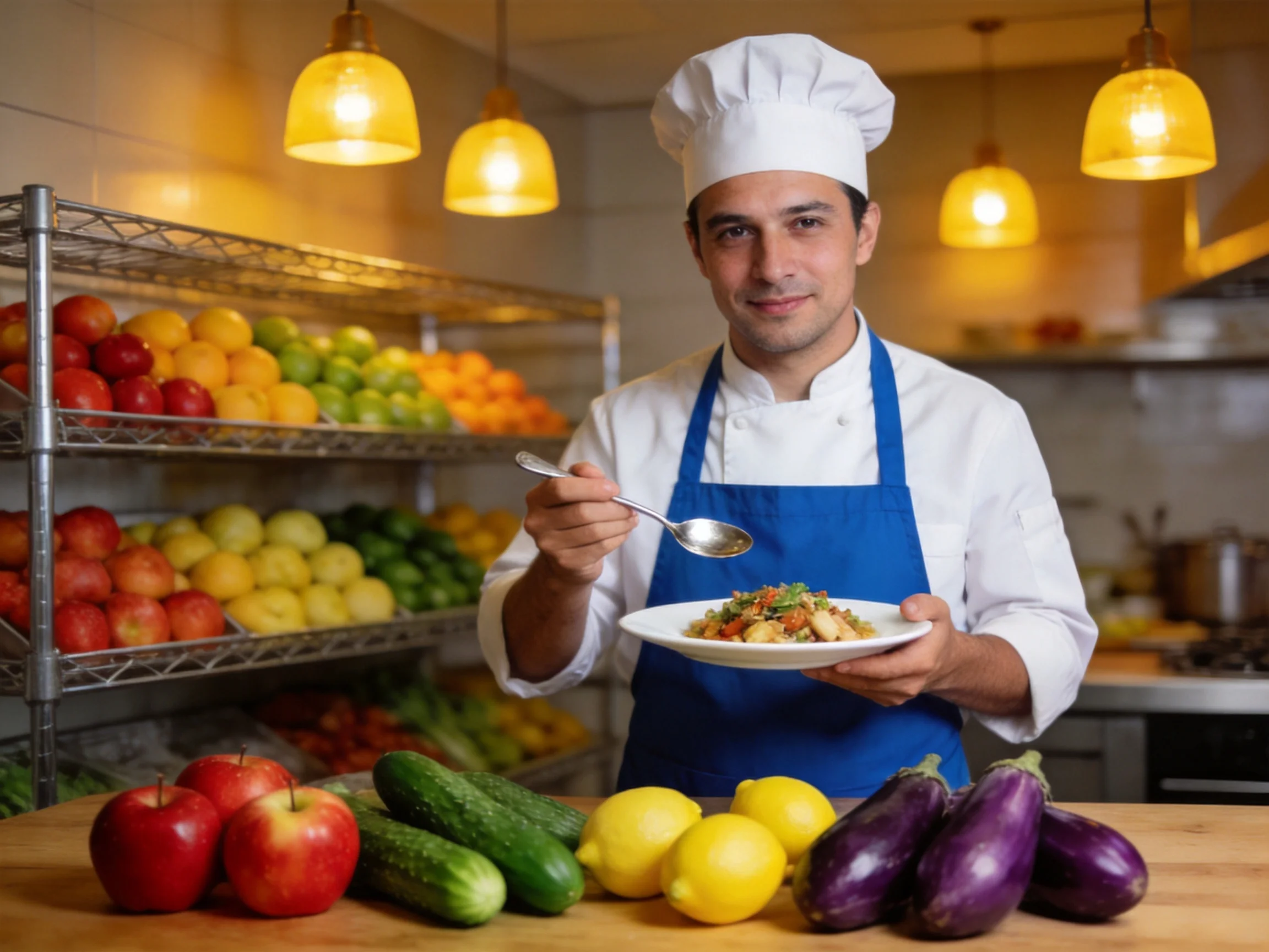Chef presenting dish near colorful produce shelves